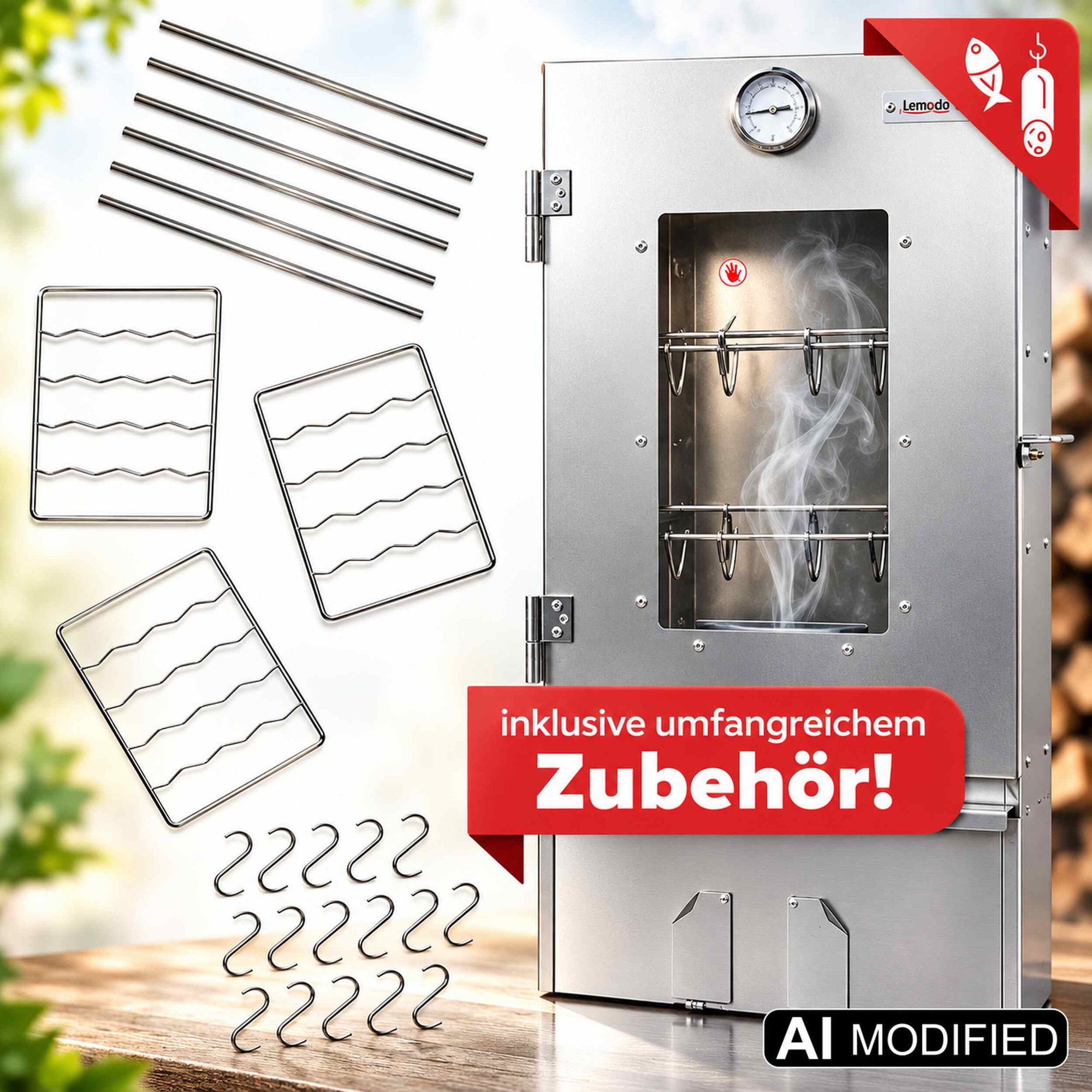 Räucherofen aus Stahl mit Zubehör und Auflageschienen Räucherofen aus Stahl mit Thermometer, Sichtfenster und Zubehör wie Auflageschienen, Rosten und Haken
