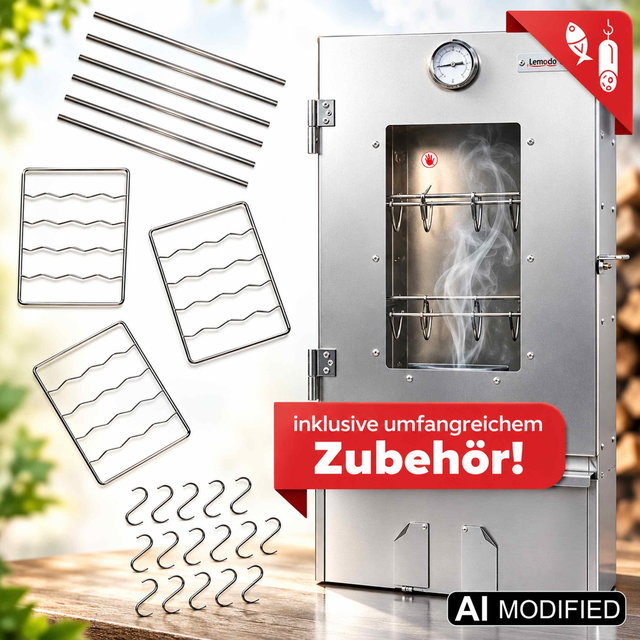 Räucherofen aus Stahl mit Thermometer, Sichtfenster und Zubehör wie Auflageschienen, Rosten und Haken