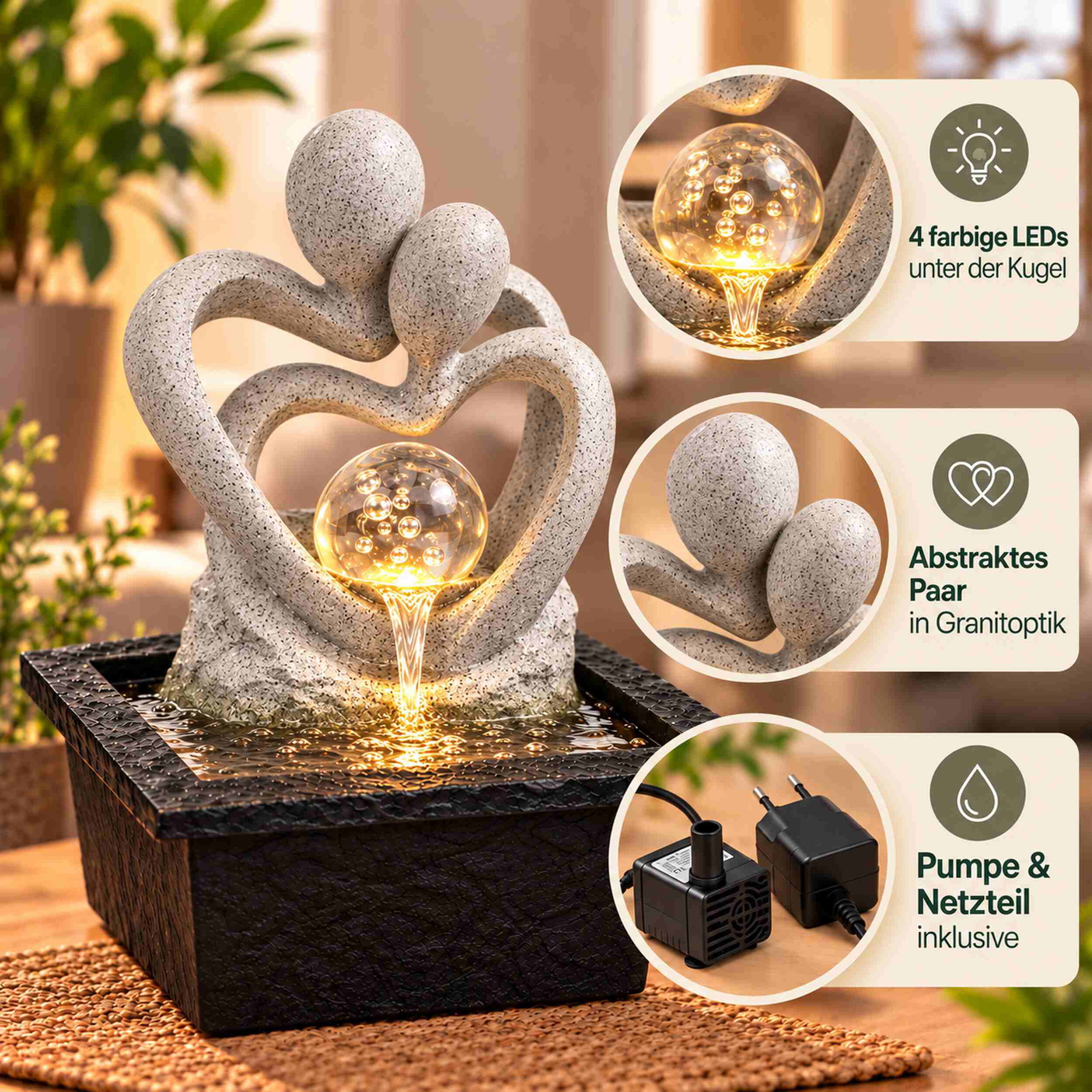 Zimmerbrunnen mit beleuchteter Glaskugel, abstraktem Paar in Granitoptik und schwarzem Sockel, daneben Detailaufnahmen von LED-Beleuchtung und Pumpe