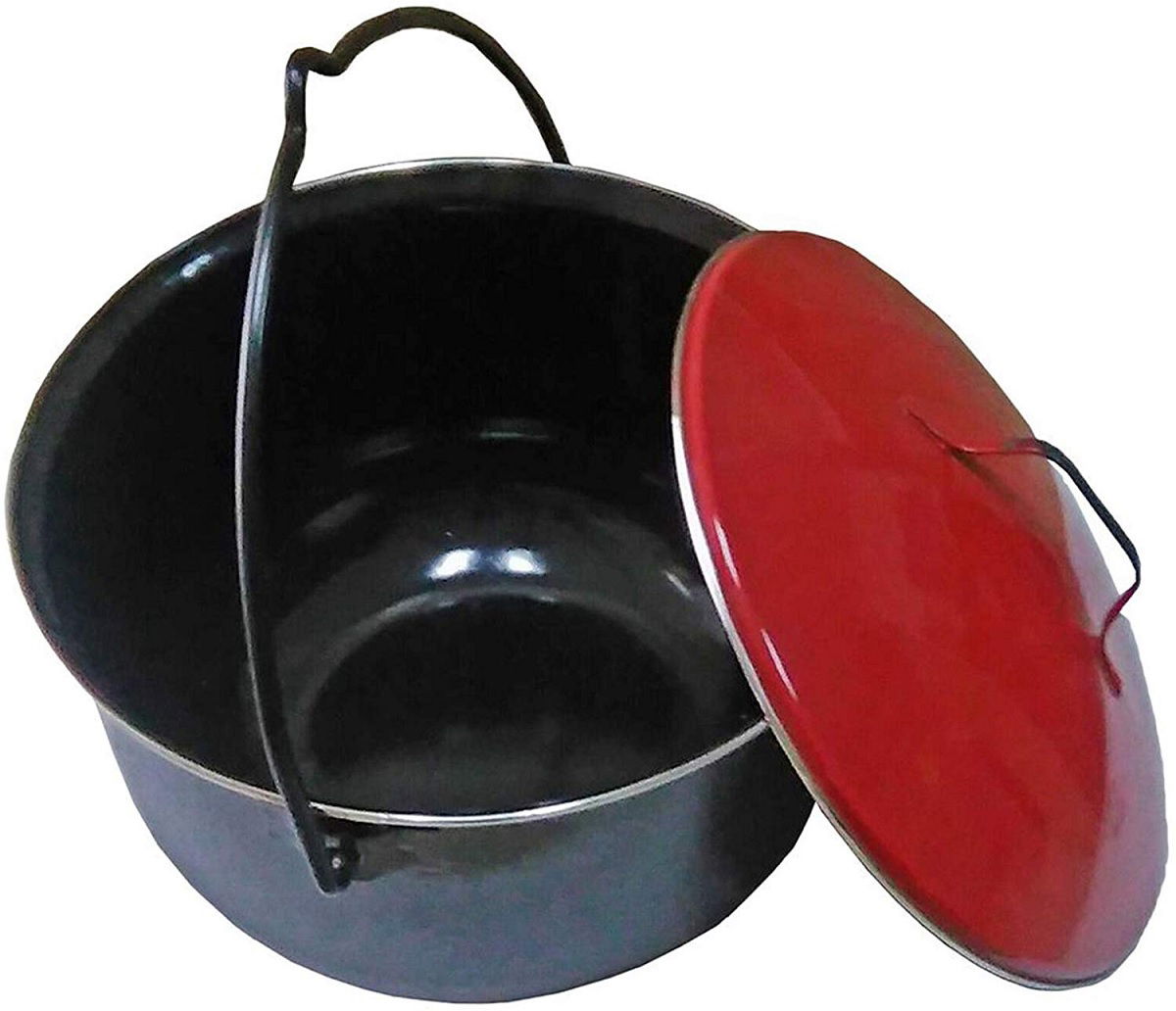 Gulaschtopf 14 L schwarz mit rotem Deckel, Gulaschkessel für Schwenkgrill, Emaillierter Suppenkessel