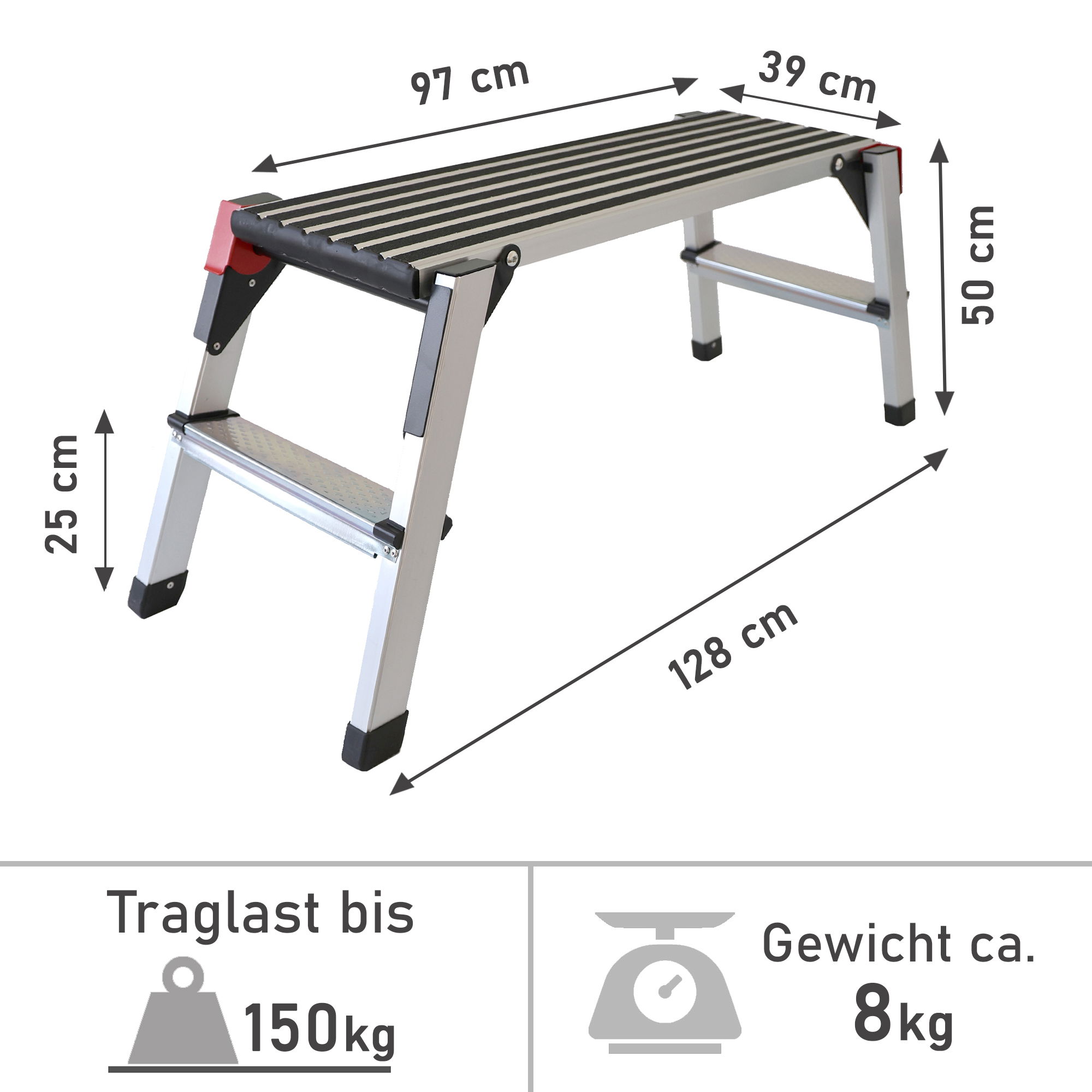 Arbeitsplattform bis 150 kg belastbar, Arbeitsbühne 50 cm hoch, Aluleiter mit 2 Stufen NA181