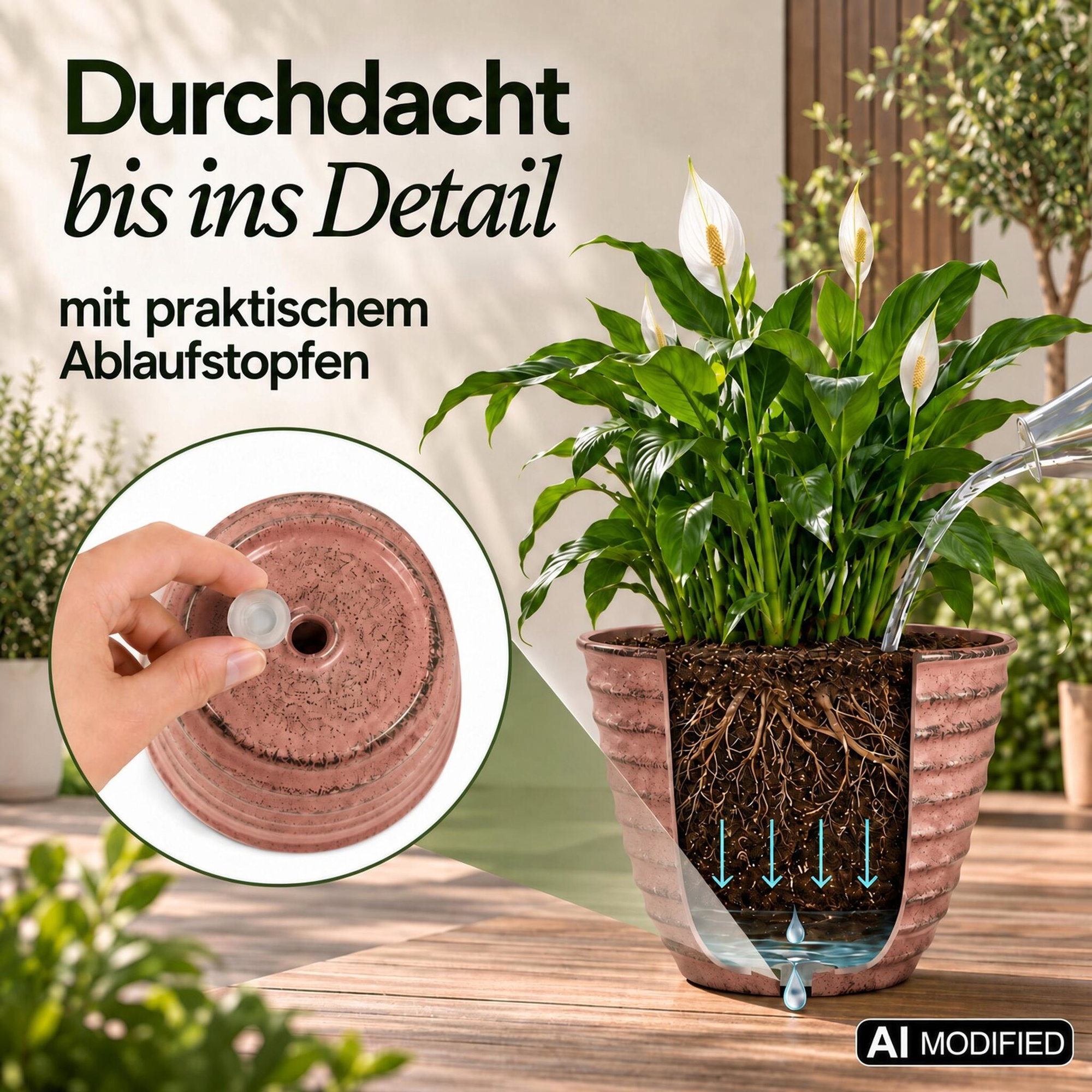 Rosa gerippter Pflanztopf mit Einsatz und Ablaufstopfen, Querschnitt mit Wasserablauf