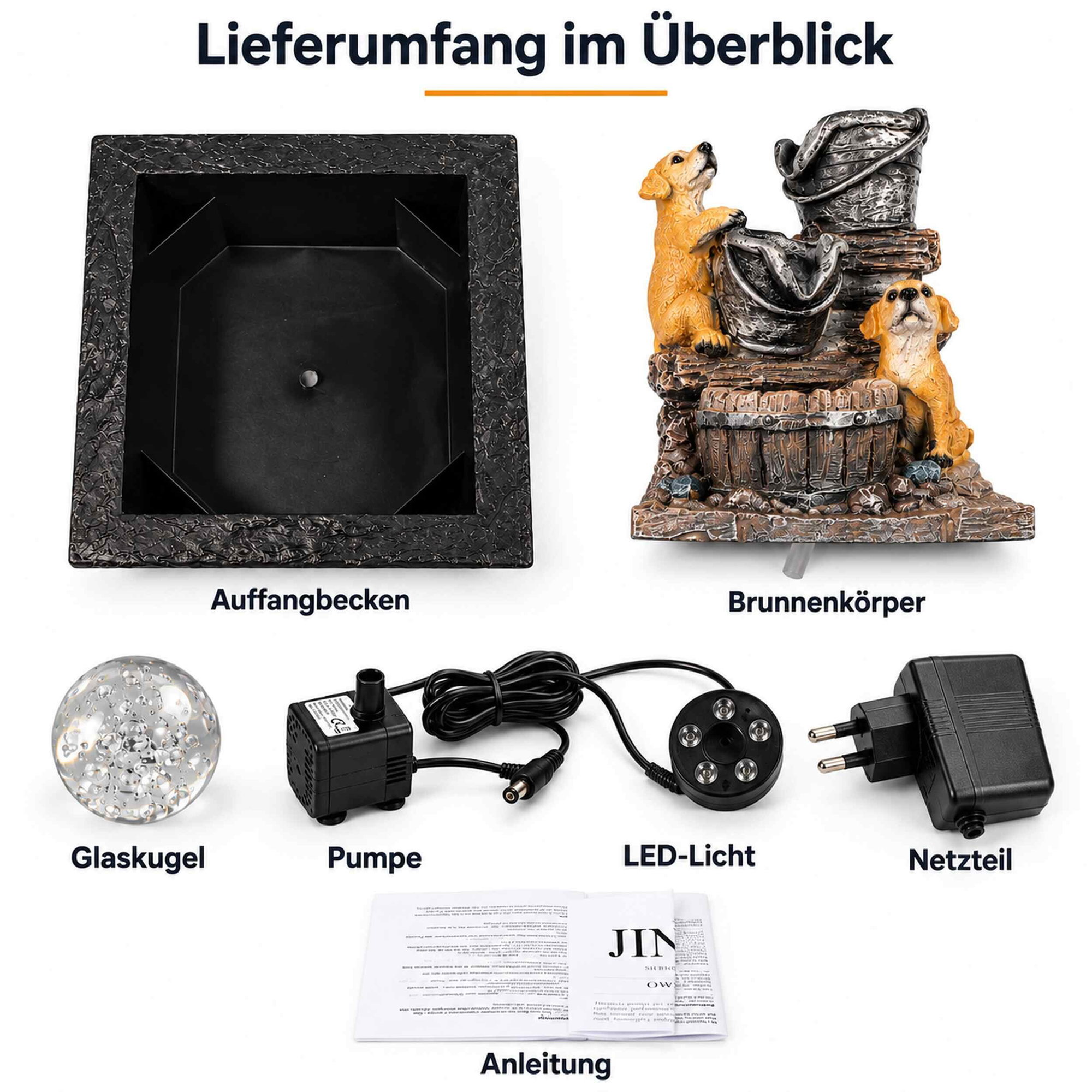 Lieferumfang eines Zimmerbrunnens: Auffangbecken, Brunnenkörper mit zwei Hunden und Eimer, Glaskugel, Pumpe, LED-Licht, Netzteil und Anleitung.