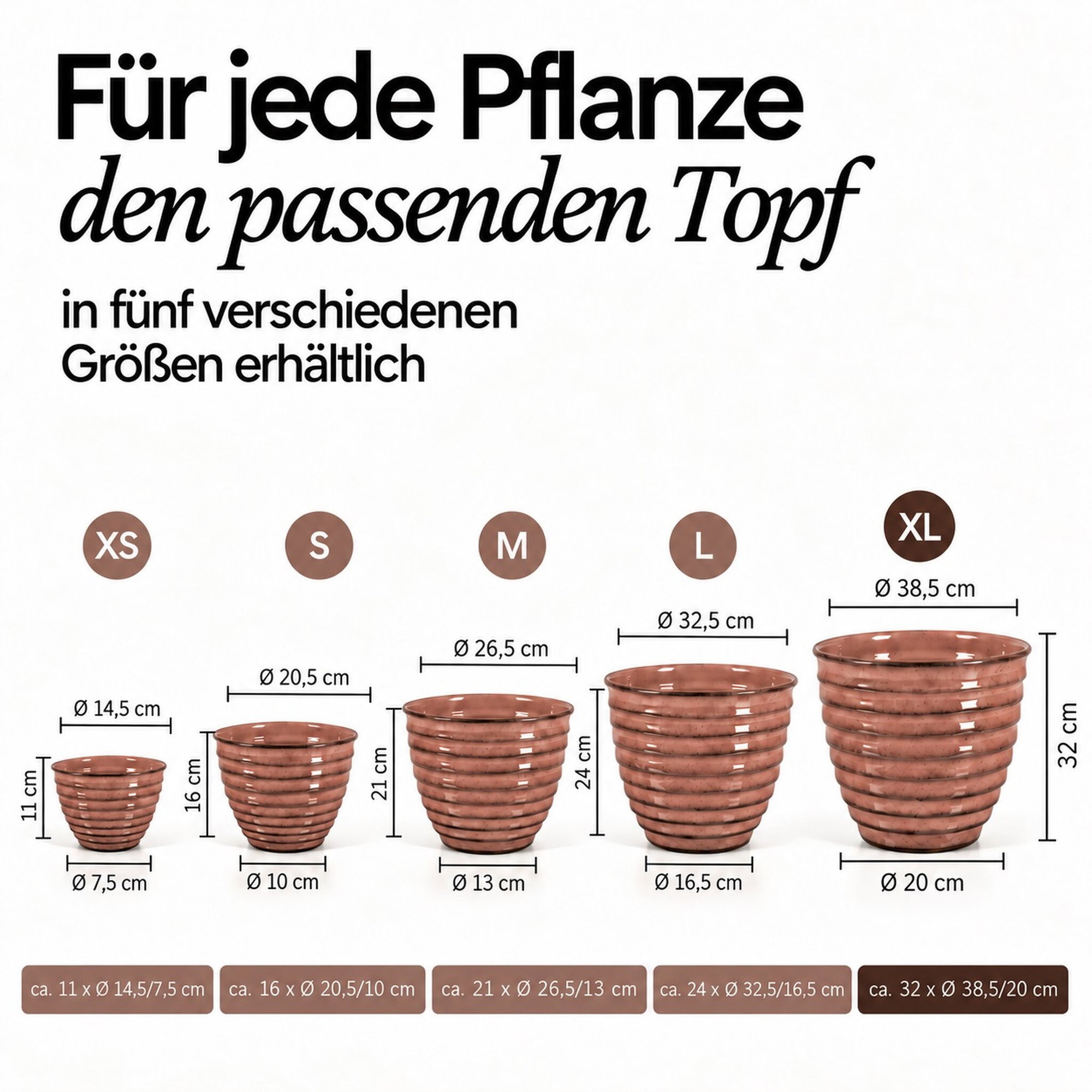 Größenübersicht gerippter rosa Pflanztöpfe von XS bis XL mit Maßen