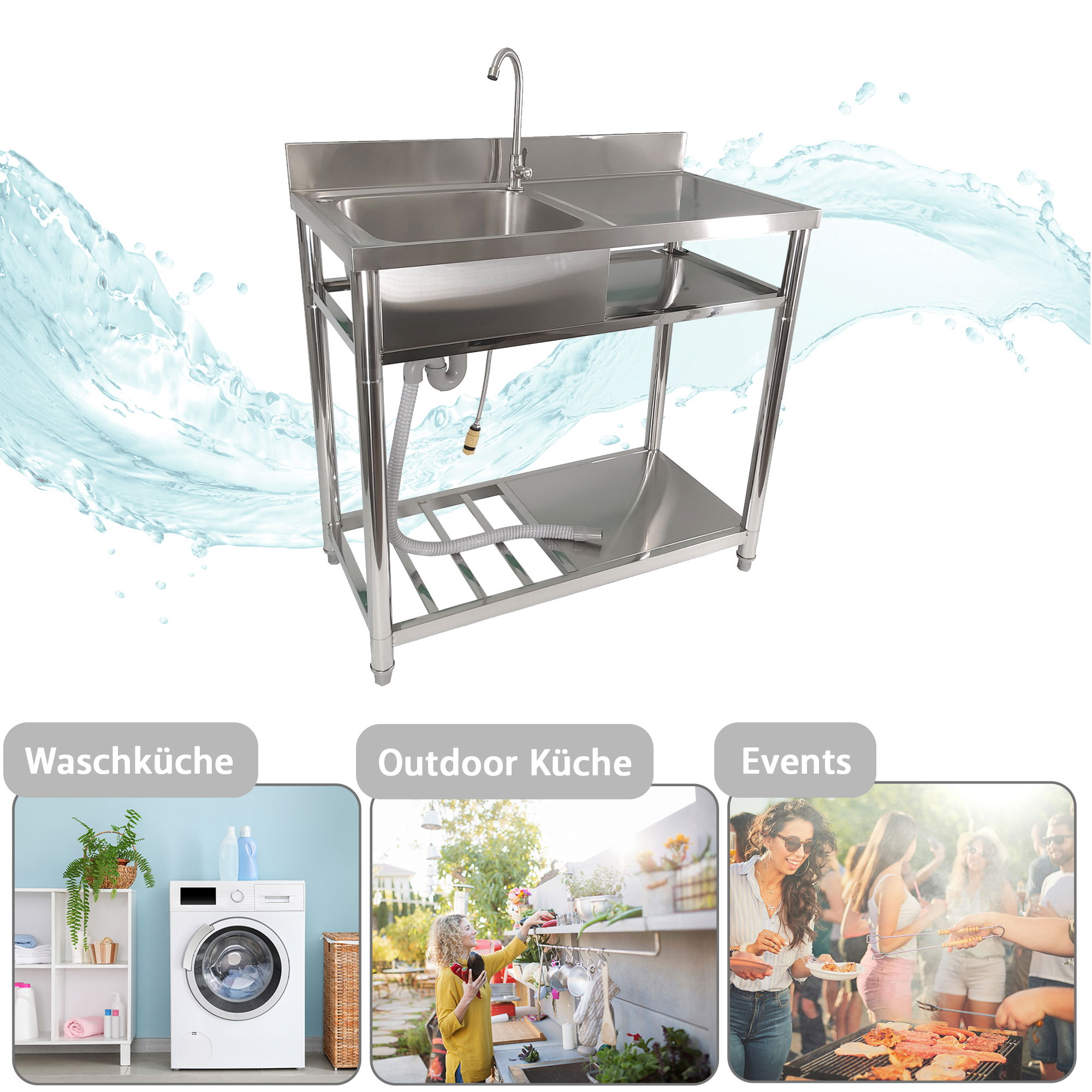 Spültisch freistehend, Wasserhahn mit Gartenschlauch-Anschluss, Spülbecken Größe L NA222