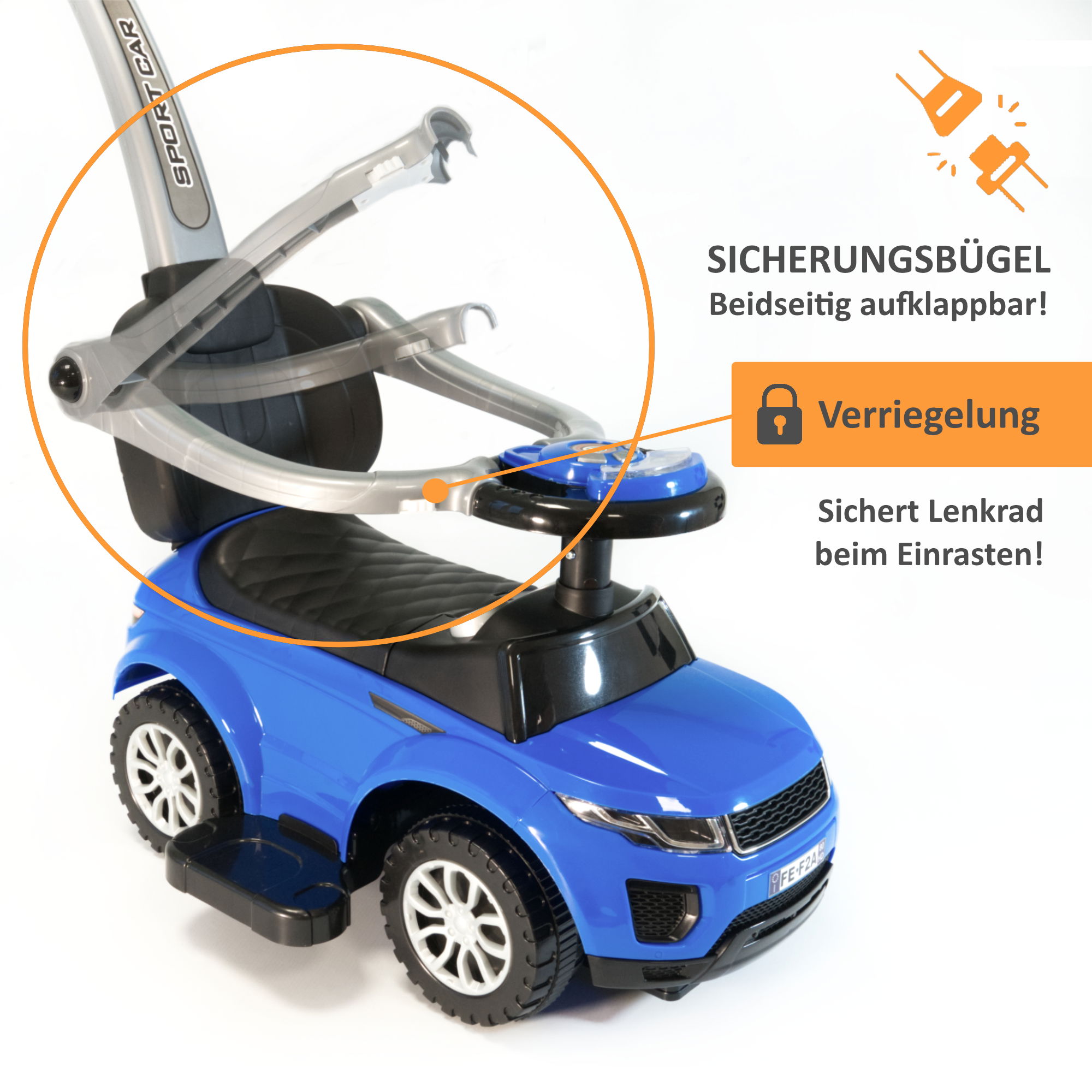 Rutschauto in blau mit Schiebestange, Rutschfahrzeug ab 1 Jahr, Rutscherfahrzeug mit Sicherheitsbügel BS019
