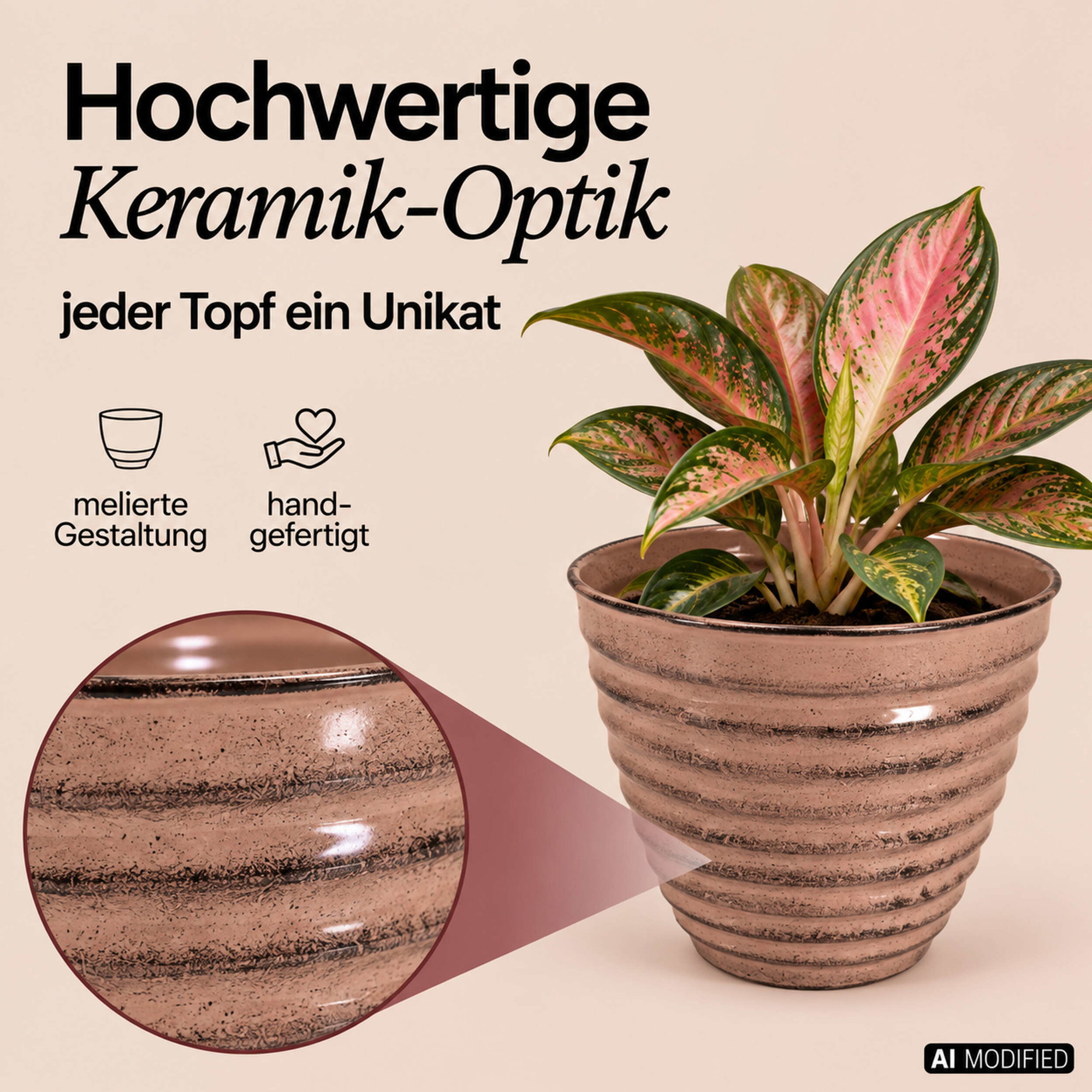 Rosafarbener gerippter Pflanztopf in Keramik-Optik mit melierter Oberfläche