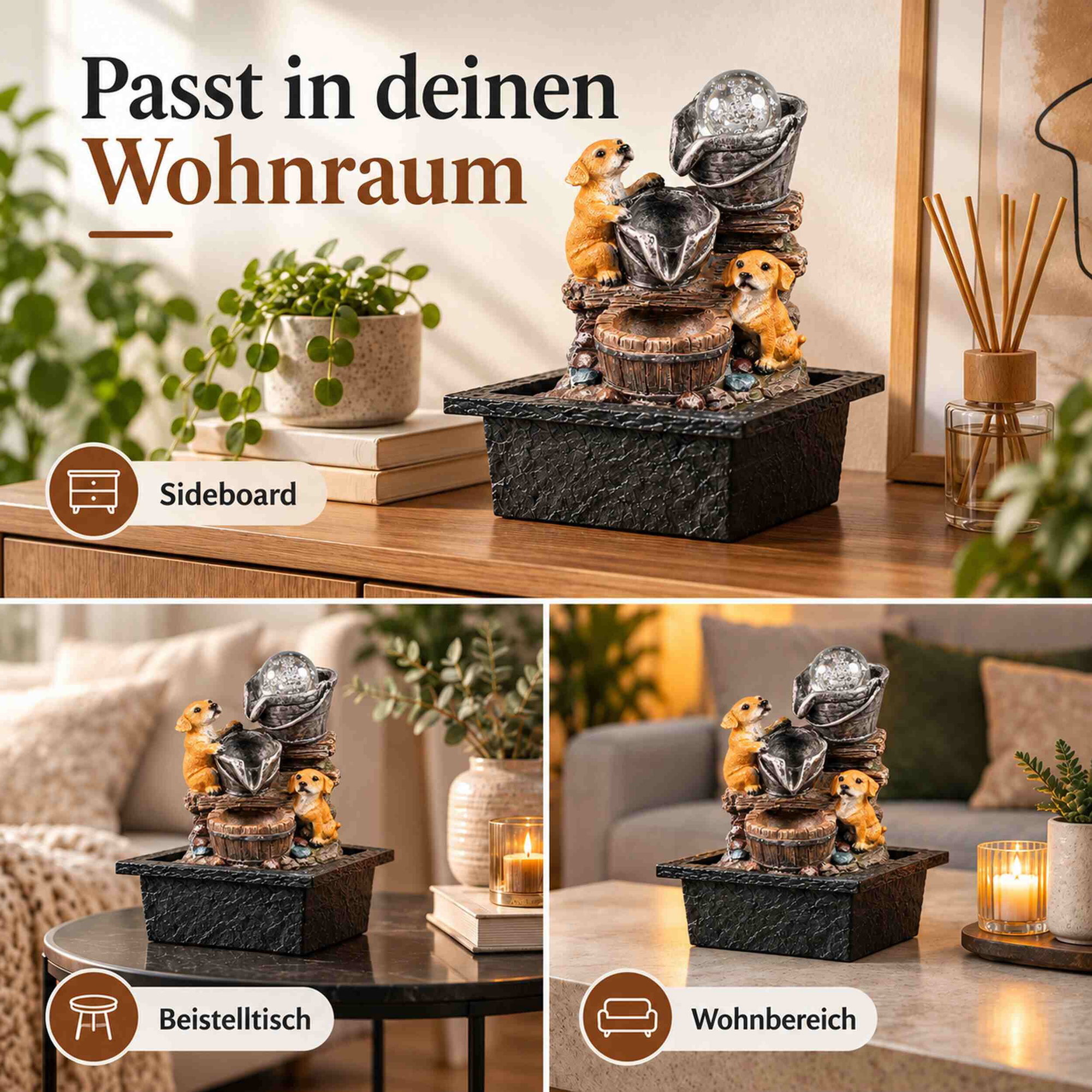 Zimmerbrunnen mit zwei Hunden, beleuchteter Glaskugel und schwarzem Sockel auf Sideboard, Beistelltisch und im Wohnbereich
