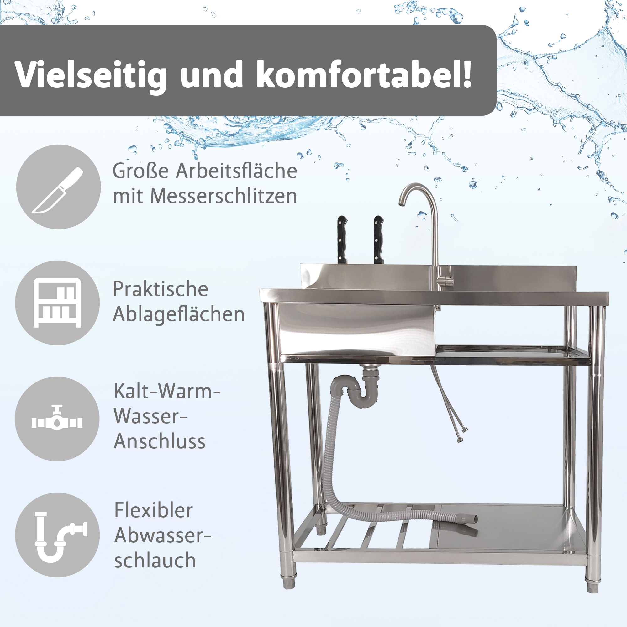 Spültisch freistehend, Wasserhahn mit Kalt Warm Anschluss, Spülbecken Größe L NA221 Spültisch freistehend, Wasserhahn mit Kalt Warm Anschluss, Spülbecken Größe L NA221