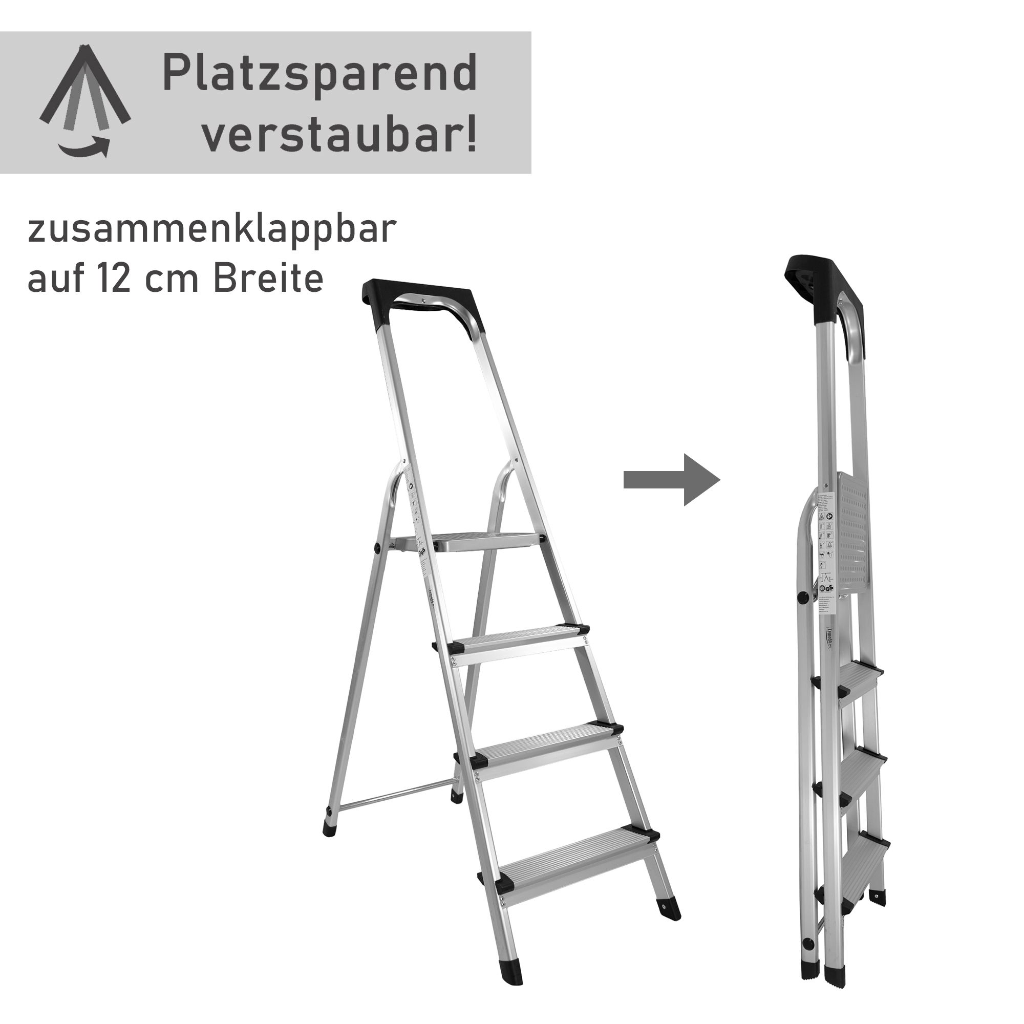 Trittleiter mit 4 Stufen, Treppenleiter aus Aluminium, Stehleiter bis 150kg belastbar NA182