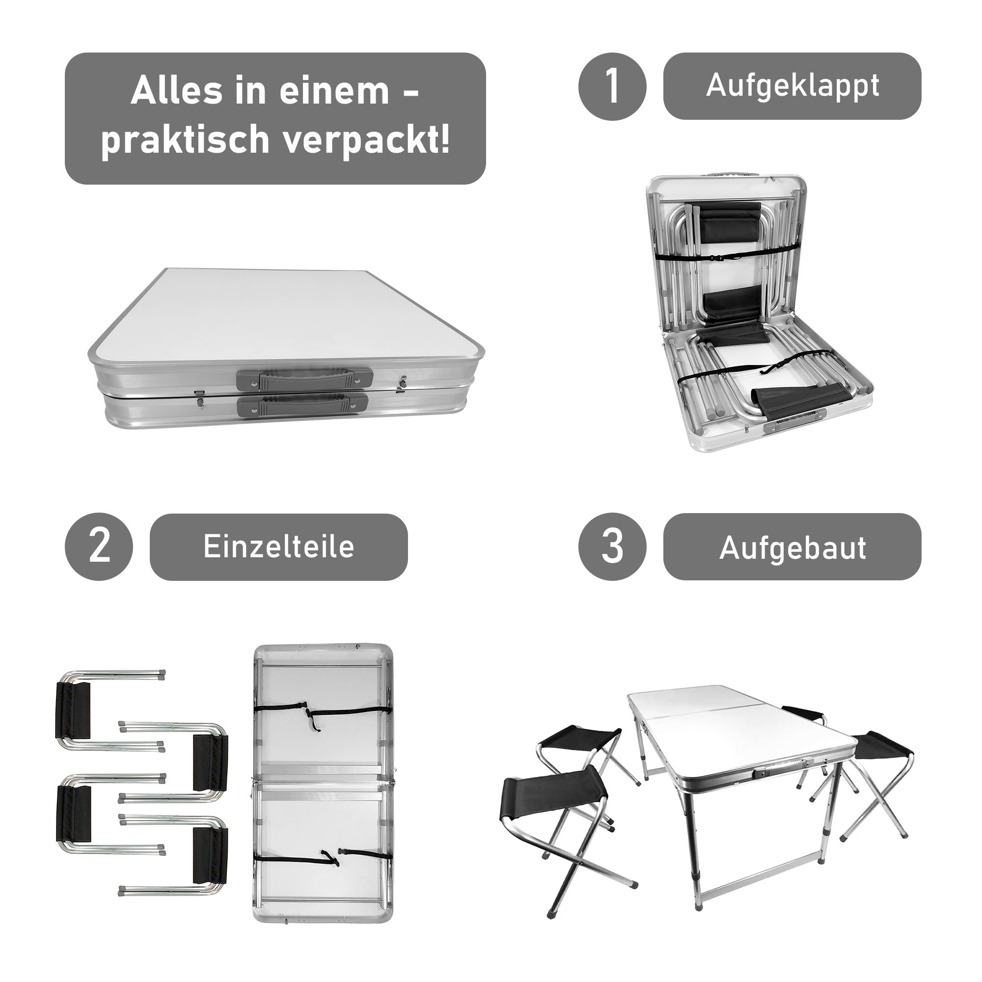 Campingtisch Set 5-teilig, Klapptisch mit 4 Camping Hocker WT009