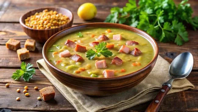 erbsensuppe-gulaschkanone erbsensuppe schön in schüssel dekoriert
