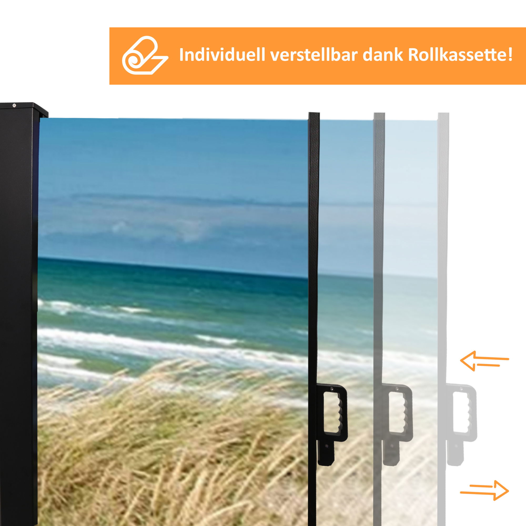 Seitenmarkise ausziehbar rechts, 180 cm hoch, Seitenrollo mit Fotodruck Ostsee NA098-L