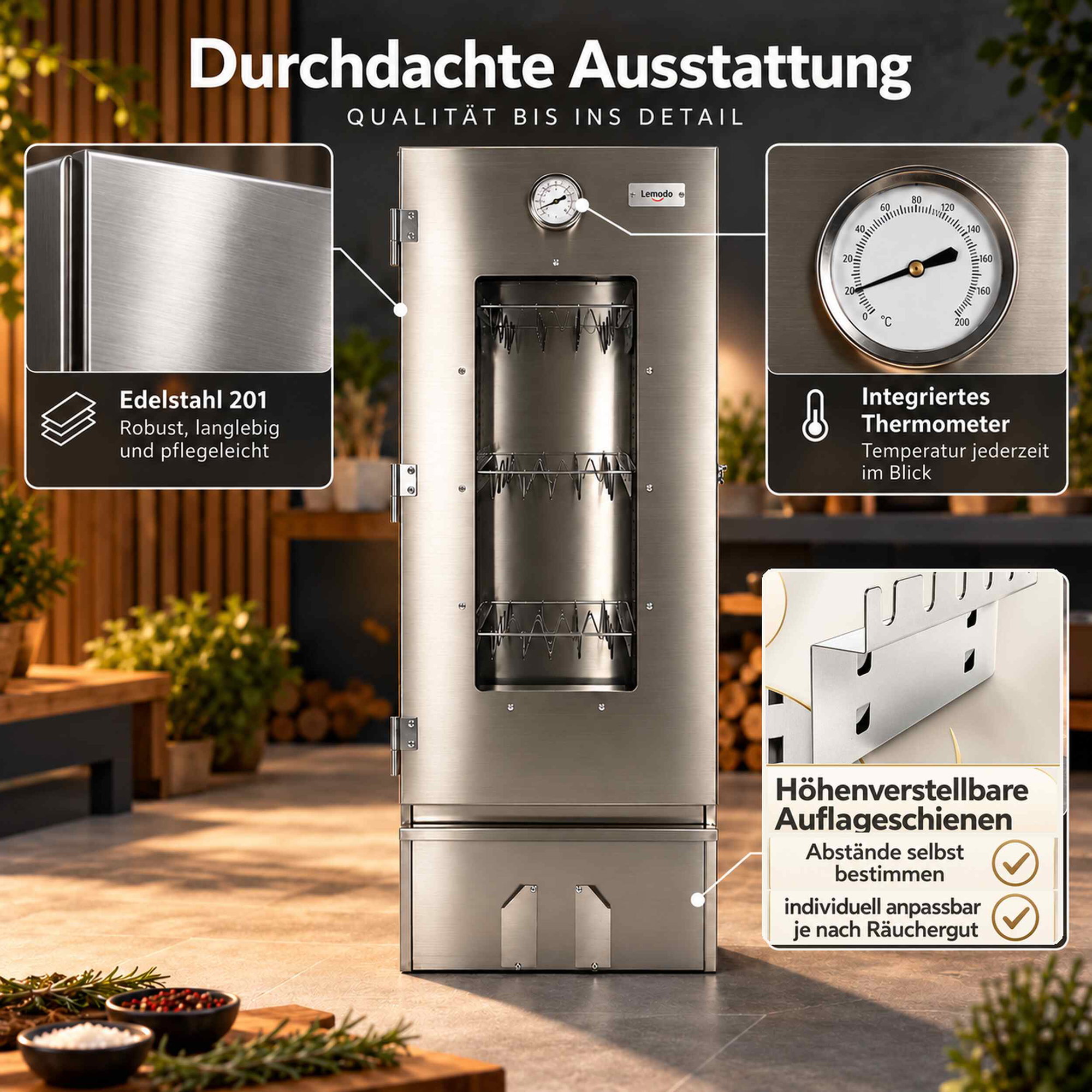 Räucherofen aus Edelstahl 201 mit höhenverstellbaren Auflagen Edelstahl-Räucherofen mit Sichtfenster, Thermometer und verstellbaren Auflageschienen, daneben Detailaufnahmen von Edelstahl 201, Thermometer und Schienen.