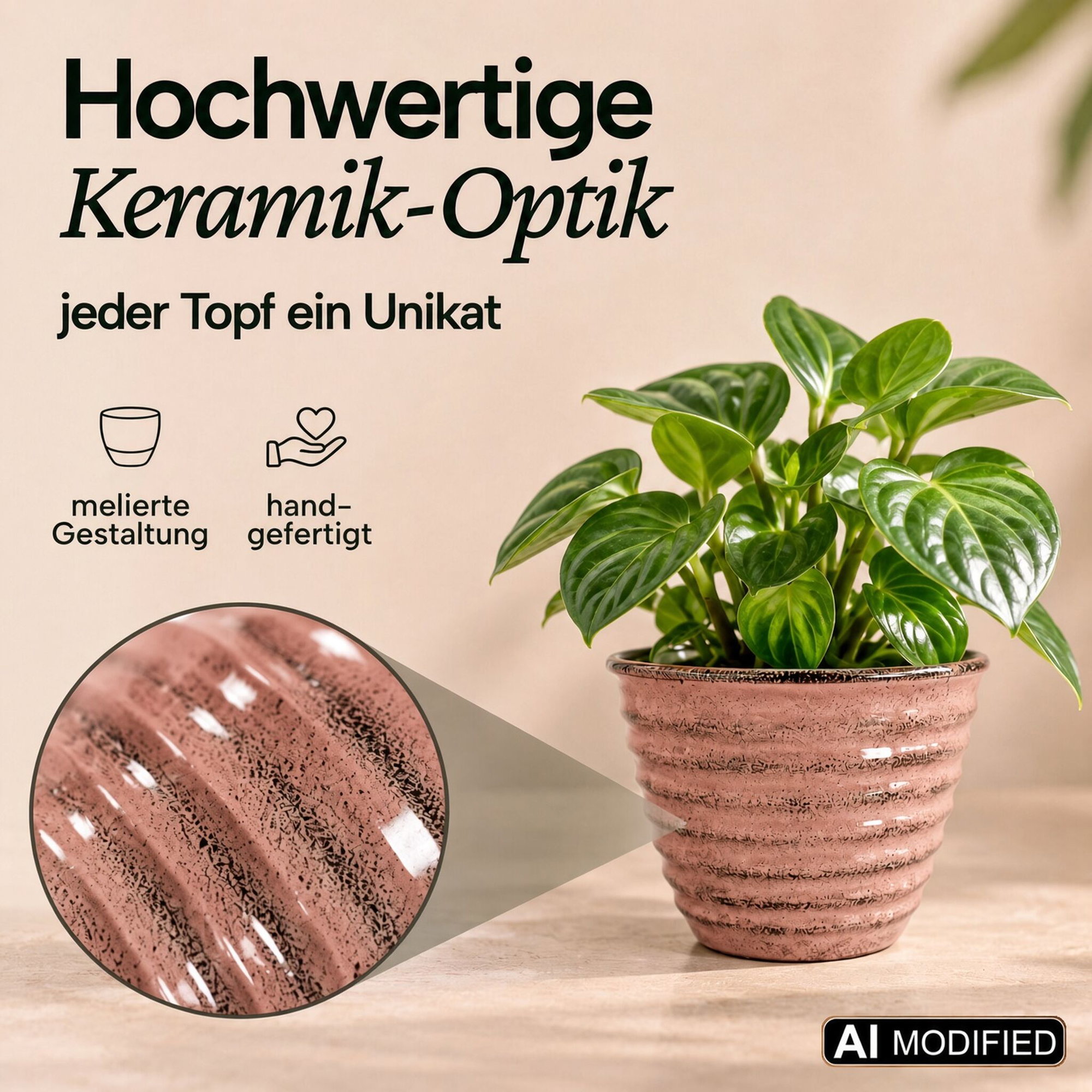 Rosa gerippter Pflanztopf in Keramik-Optik mit melierter Oberfläche, Größe XS