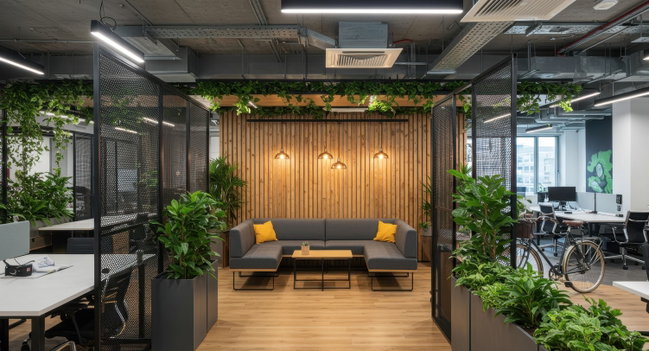 ein Büro mit vielen Pflanzen als Deko Element und Holz