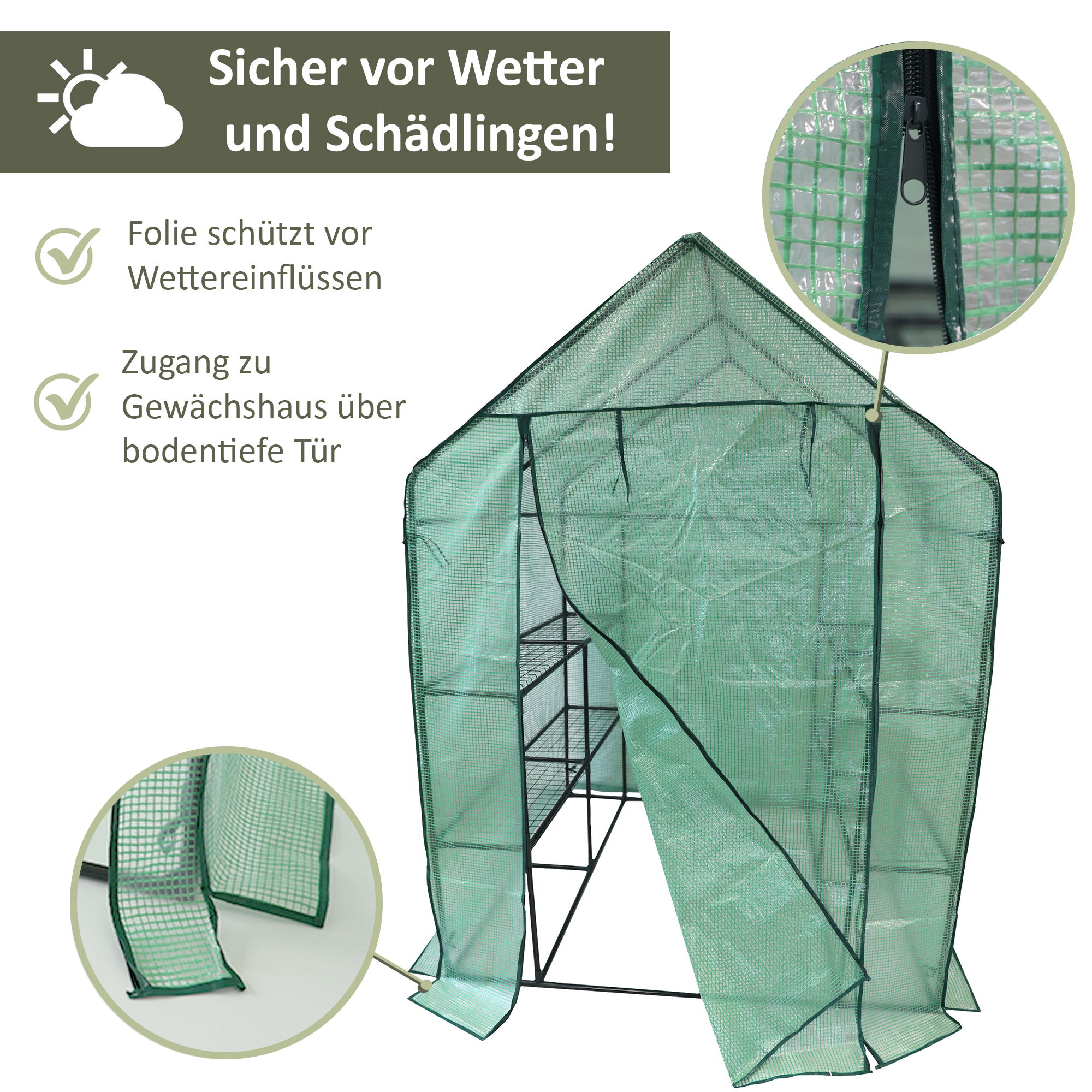 Foliengewächshaus mit 4 Ablagefächern, Tomatenhaus 143 x 143 cm, 195 cm hoch NA175 Foliengewächshaus mit 4 Ablagefächern, Tomatenhaus 143 x 143 cm, 195 cm hoch NA175