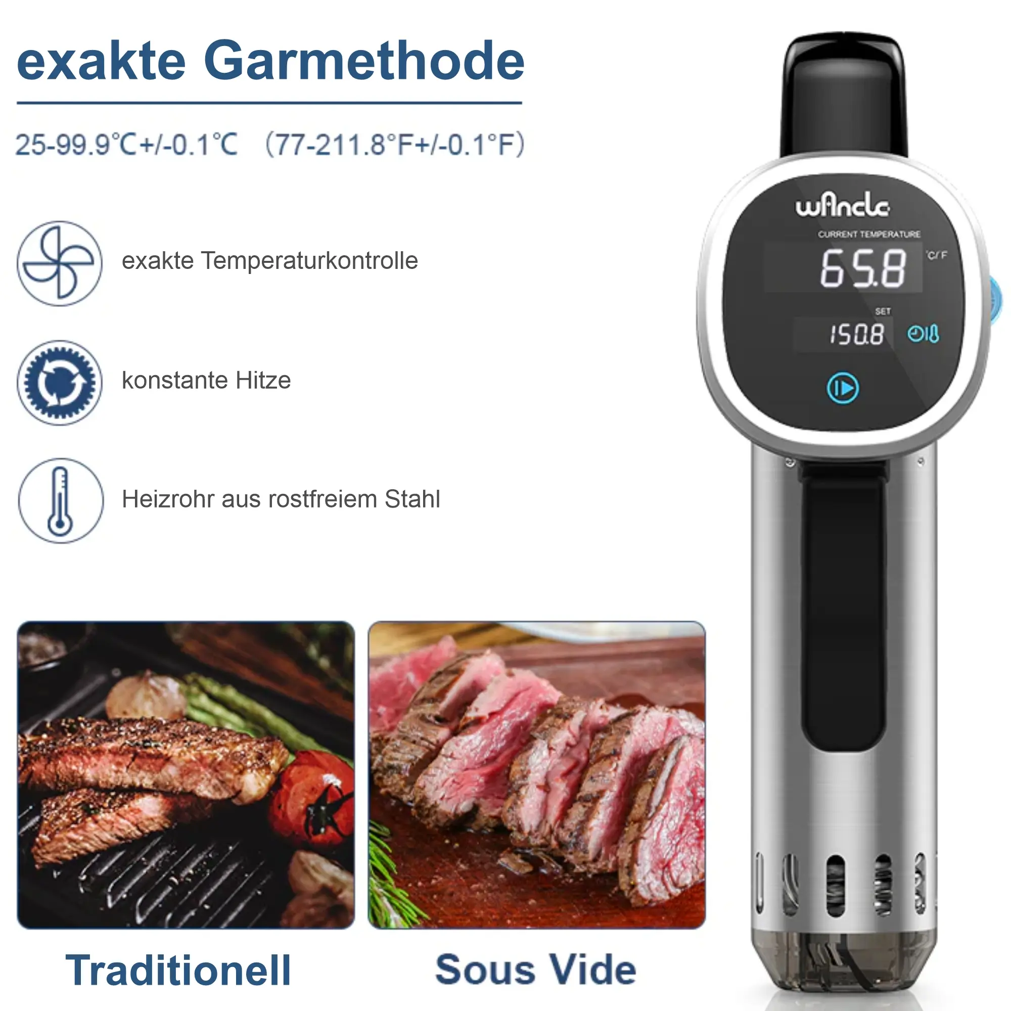 Wancle Sous Vide Garer Stick, 850W, Touchscreen, Display, Temperaturbereich 25 bis 99 Grad P00252