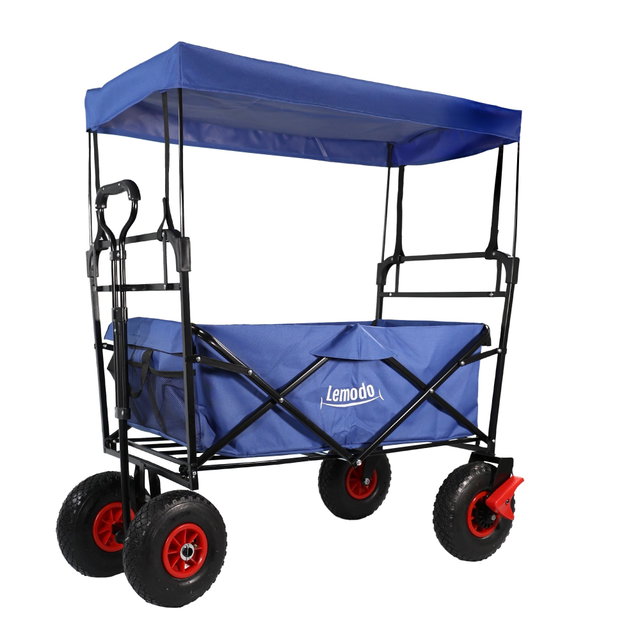 Bollerwagen faltbar mit Dach, blau, Handwagen mit 120 kg Zuladung, Leiterwagen mit Luftreifen Bollerwagen faltbar mit Dach, blau, Handwagen mit 120 kg Zuladung, Leiterwagen mit Luftreifen