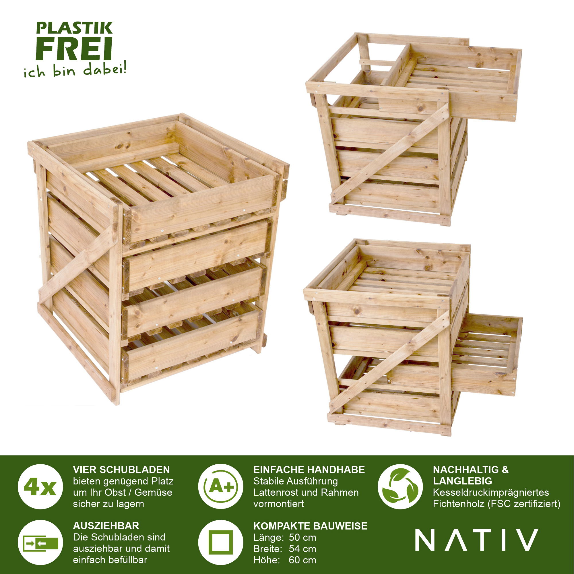 Obstkiste mit 4 Schubladen, natur, Kartoffelkiste aus Holz, kompakte Gemüsekiste NA002_N
