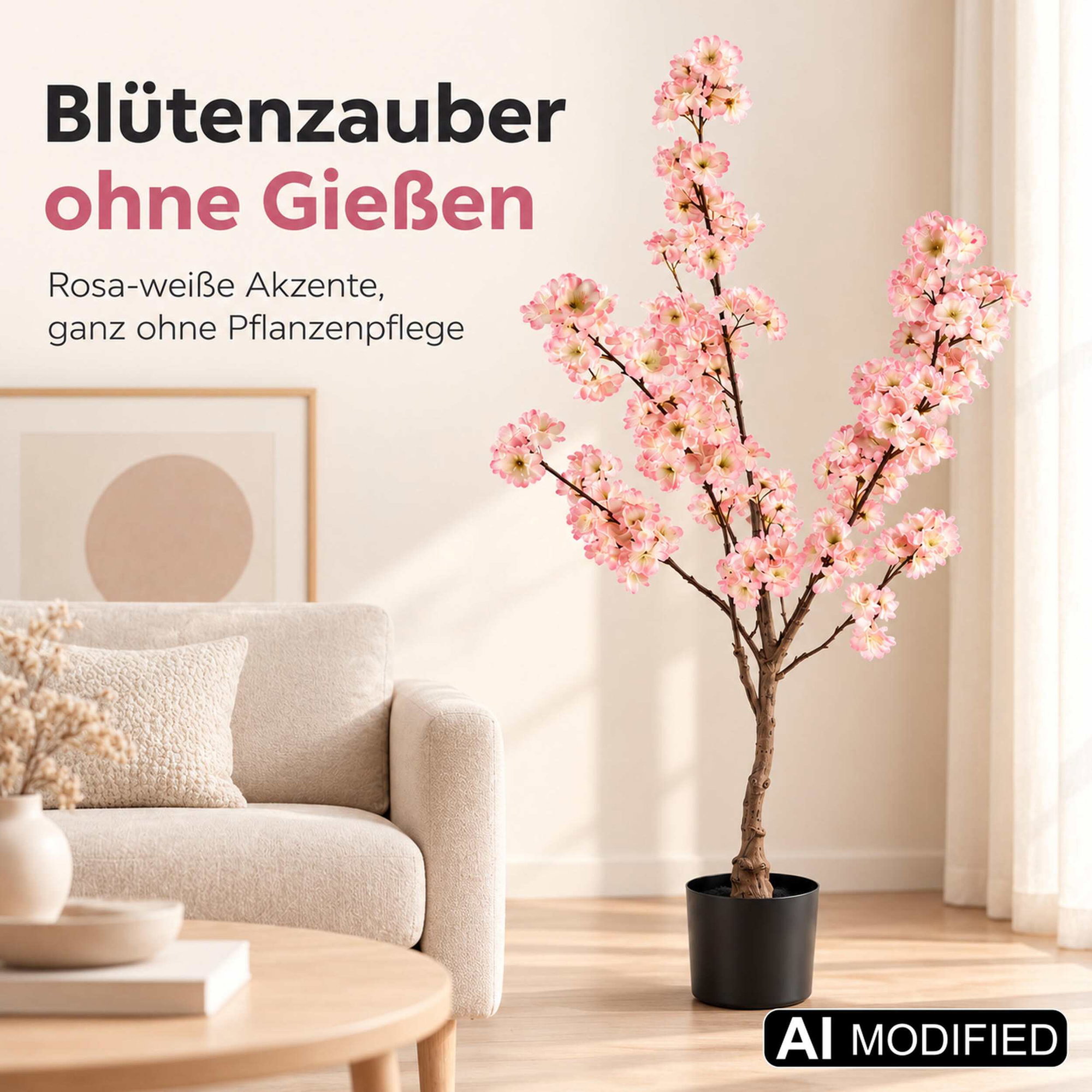 Künstlicher Kirschblütenbaum 120 cm rosa-weiß mit Topf Künstlicher Kirschblütenbaum, 120 cm hoch, mit rosa-weißen Blüten im schwarzen Topf, neben einem hellen Sofa im Wohnzimmer