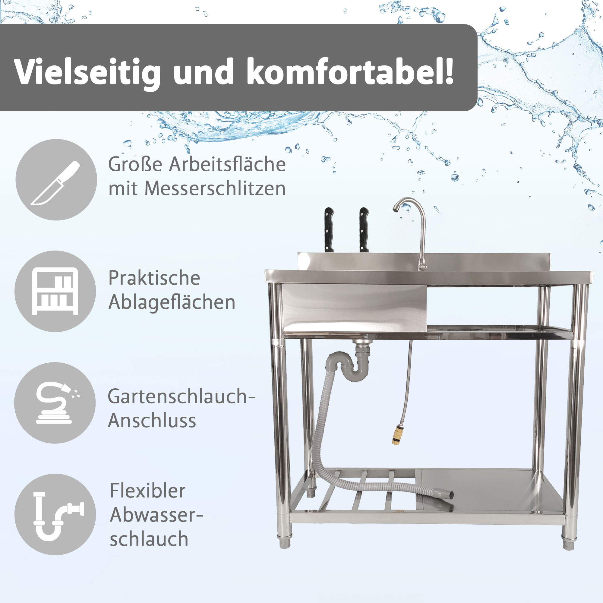Spültisch freistehend, Wasserhahn mit Gartenschlauch-Anschluss, Spülbecken Größe L NA222