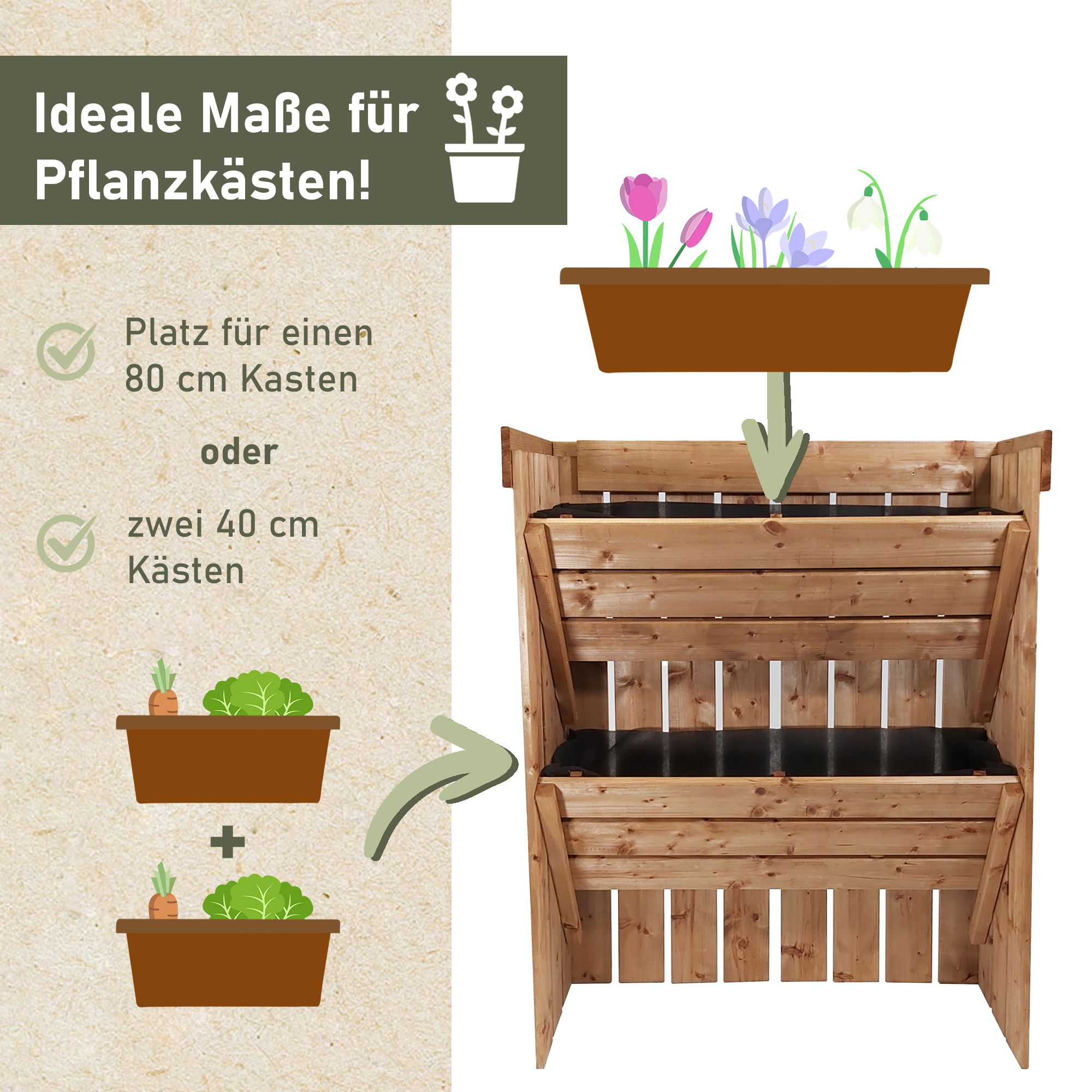 Blumentreppe aus Holz, Pflanzregal mit Gartenvlies, Blumenkasten als Sichtschutz Blumentreppe aus Holz_M