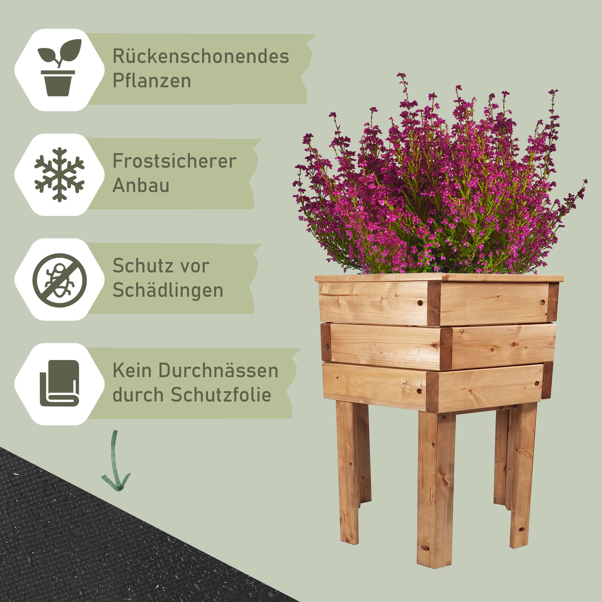 Pflanzkasten aus Holz 6eckig, 68cm hoch, Blumenkübel mit Füßen, Pflanzgefäß NA114_B