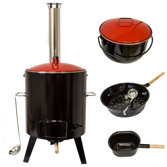 Gulaschkanone mit Kesseltopf, Pfanne und Suppenkelle, Raketenofen Gulaschkanone mit Kesseltopf, Pfanne und Suppenkelle, Raketenofen