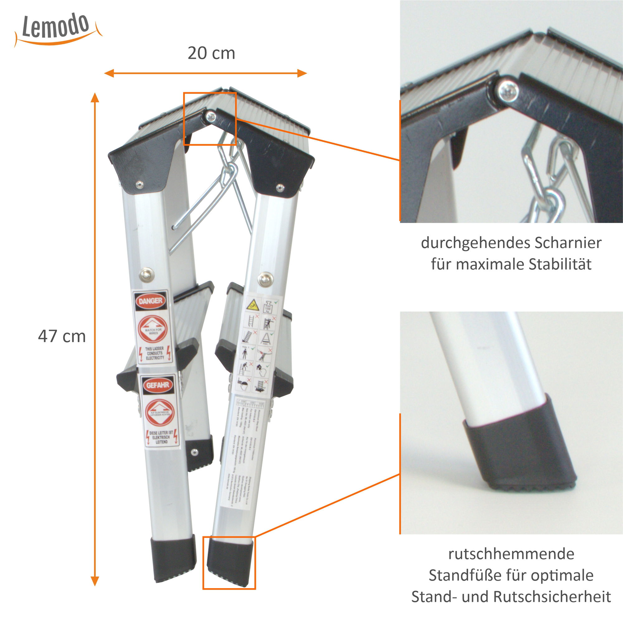 Klappbare Leiter 2 Stufen, Trittleiter aus Aluminium, Treppenleiter bis 150kg belastbar NA147