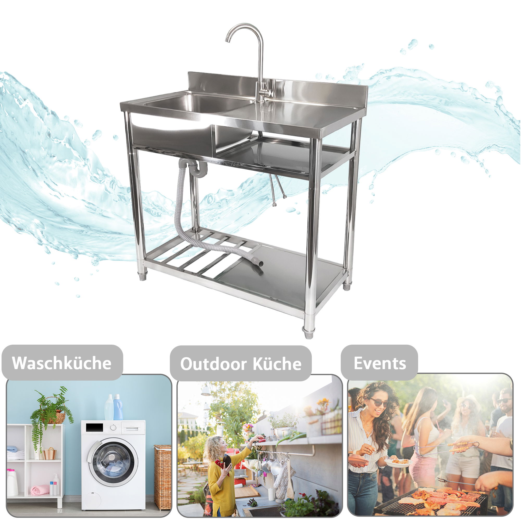 Spültisch freistehend, Wasserhahn mit Kalt Warm Anschluss, Spülbecken Größe L NA221 Spültisch freistehend, Wasserhahn mit Kalt Warm Anschluss, Spülbecken Größe L NA221