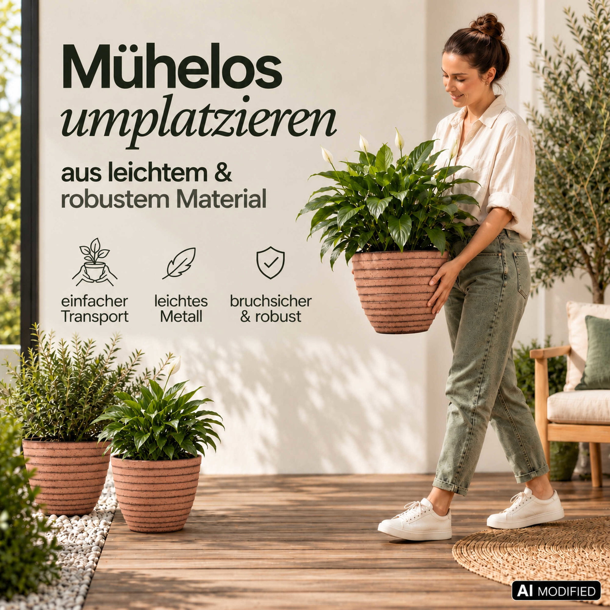 Rosa gerippter Pflanztopf in Keramik-Optik aus Metall, getragen mit grüner Zimmerpflanze