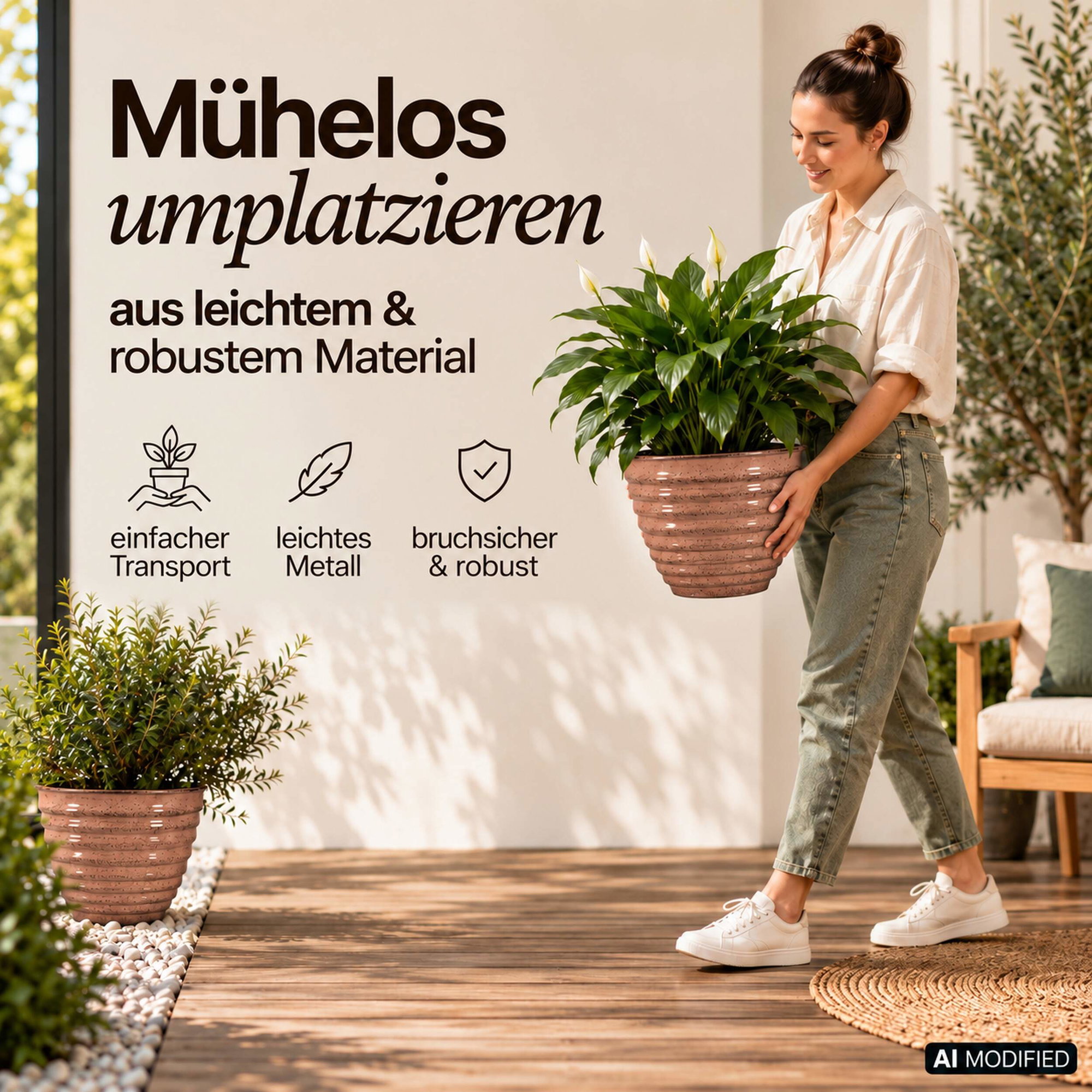 Rosa gerippter Pflanztopf aus Metall, Größe L Frau trägt gerippten rosa Pflanztopf aus Metall mit grüner Zimmerpflanze, Größe L