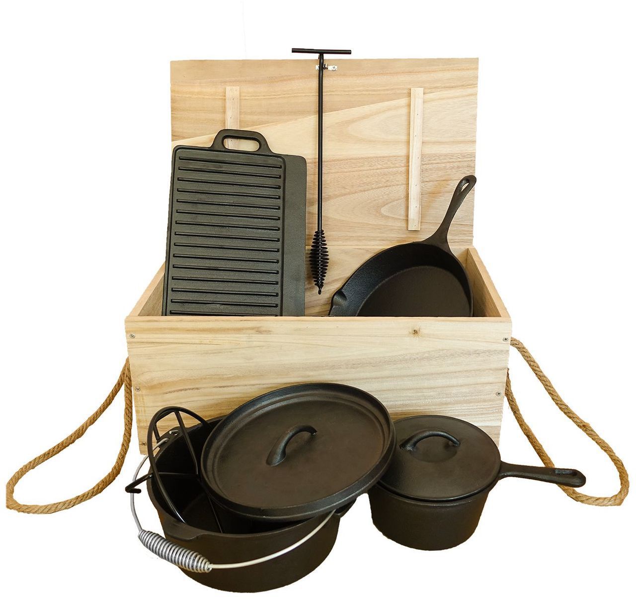 Gusseisen Koch- und Grillset, 7-teilig in Holzkiste, für Feuerstelle WE-2273 Gusseisen Koch- und Grillset, 7-teilig in Holzkiste, für Feuerstelle WE-2273