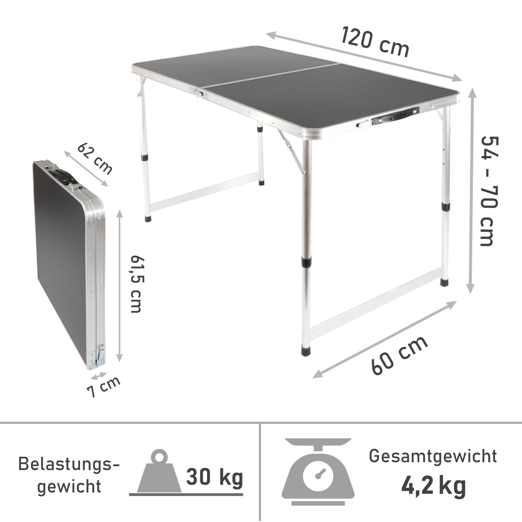 Campingtisch höhenverstellbar, Klapptisch 120 x 60 cm, Tapeziertisch WT005