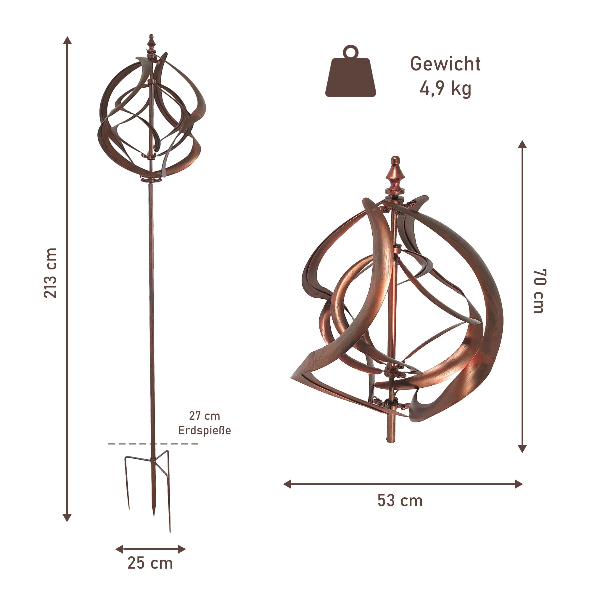 Großes Windspiel aus Metall mit 2 gegenläufigen Rotoren, kupferoptik, Gartendeko, 213 cm hoch NA201