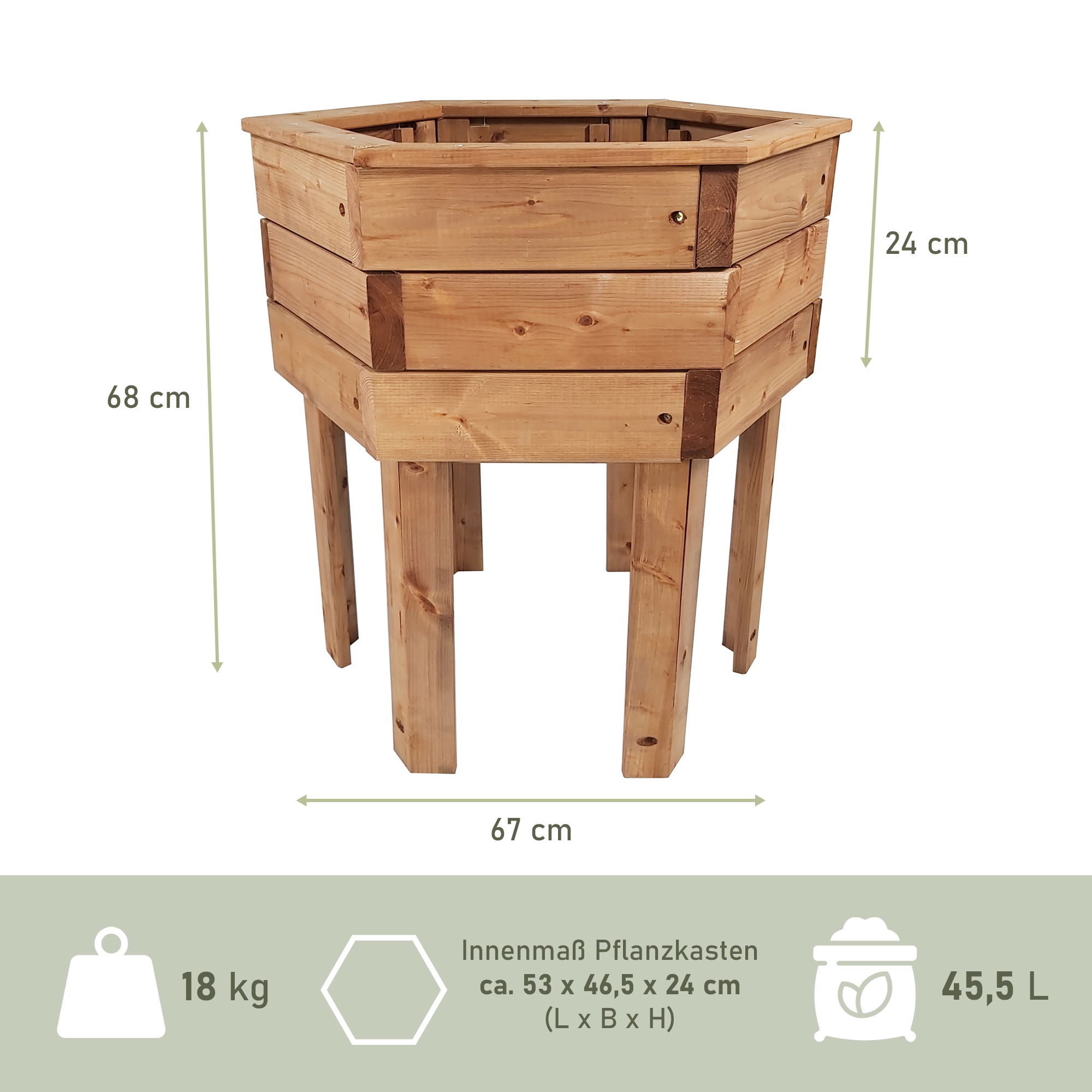 Pflanzkasten aus Holz 6eckig, 68cm hoch, Blumenkübel mit Füßen, Pflanzgefäß NA114_B