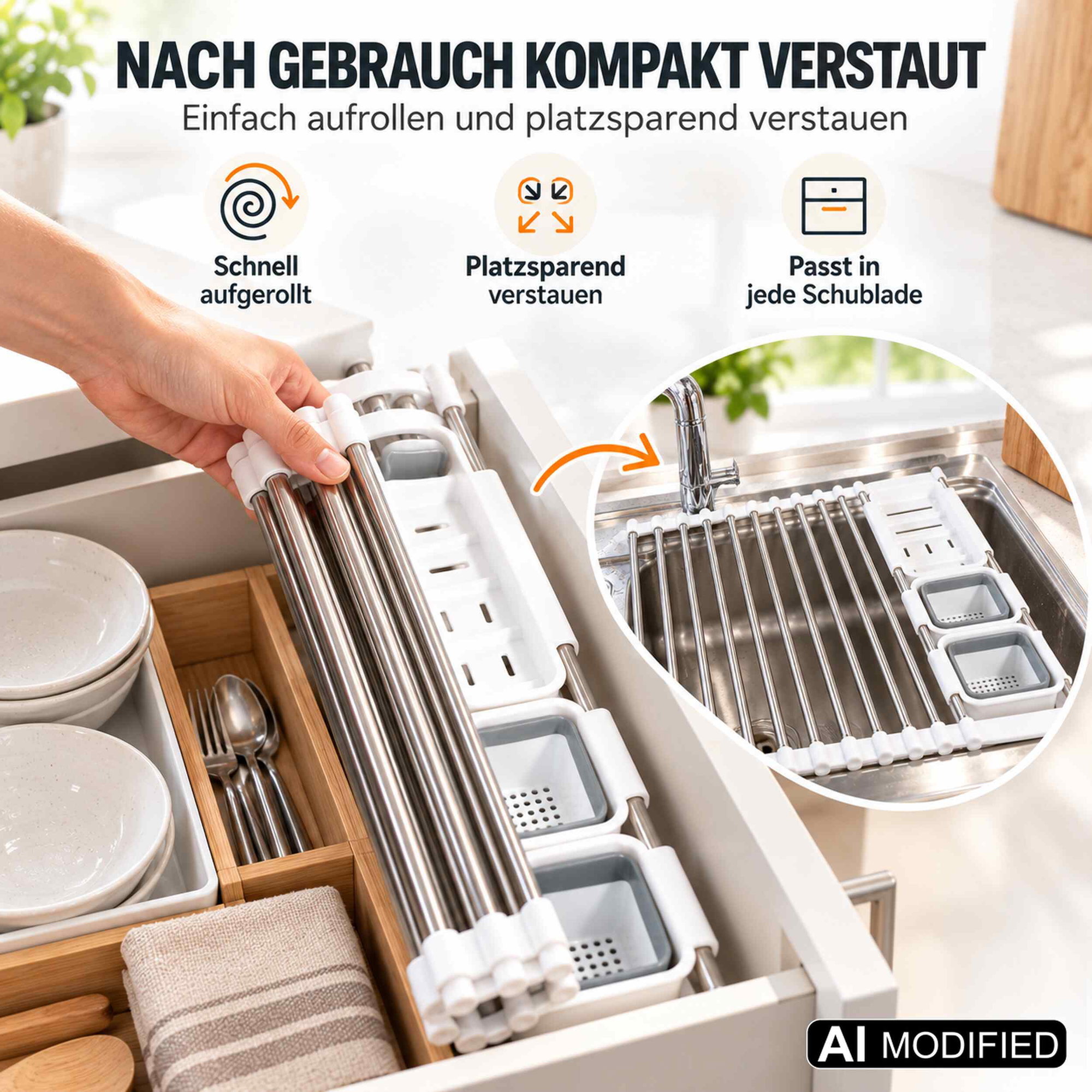 Aufrollbares Abtropfgestell aus Edelstahl platzsparend verstaut Aufrollbares Abtropfgestell aus Edelstahl wird in einer Schublade verstaut, daneben Einsatz über dem Spülbecken