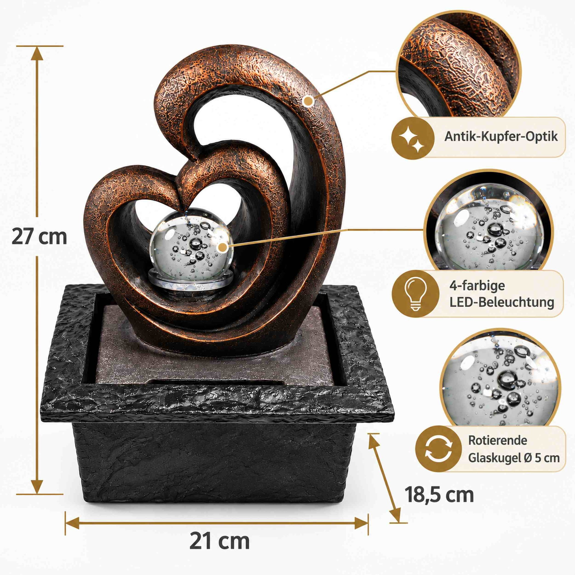 Zimmerbrunnen Herzform mit LED Glaskugel in Antik-Kupfer Zimmerbrunnen in Herzform mit Antik-Kupfer-Optik, beleuchteter Glaskugel und eckigem Sockel, Maße 27 cm hoch, 21 cm breit und 18,5 cm tief.