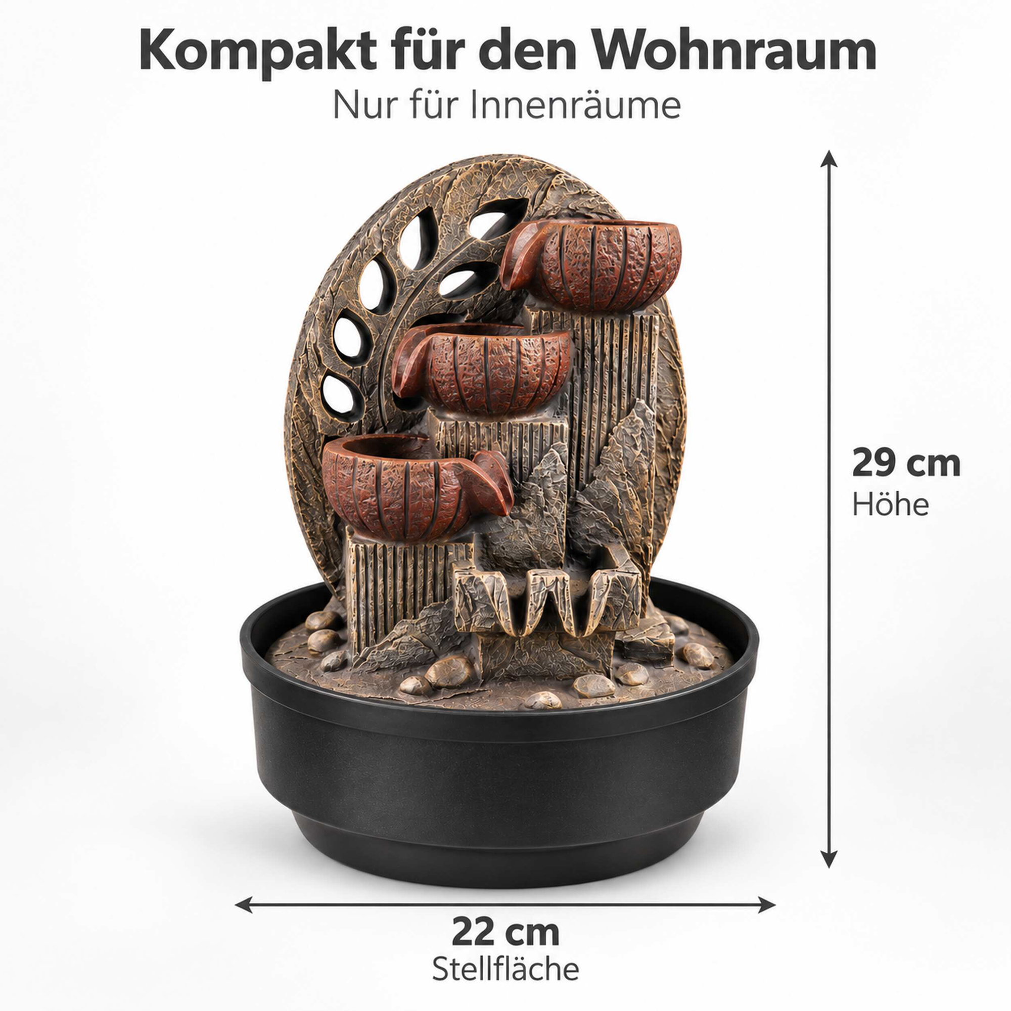 Zimmerbrunnen mit 3 Kaskaden und LED in Steinoptik Kompakter Zimmerbrunnen mit drei braunen Kaskadenschalen, grau-brauner Steinoptik und LED-Beleuchtung, 29 cm hoch, 22 cm Stellfläche