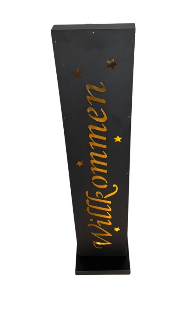 LED Säule Willkommen 90cm hoch aus Metall mit Timer für Eingang außen LED Säule Willkommen 90cm hoch aus Metall mit Timer für Eingang außen