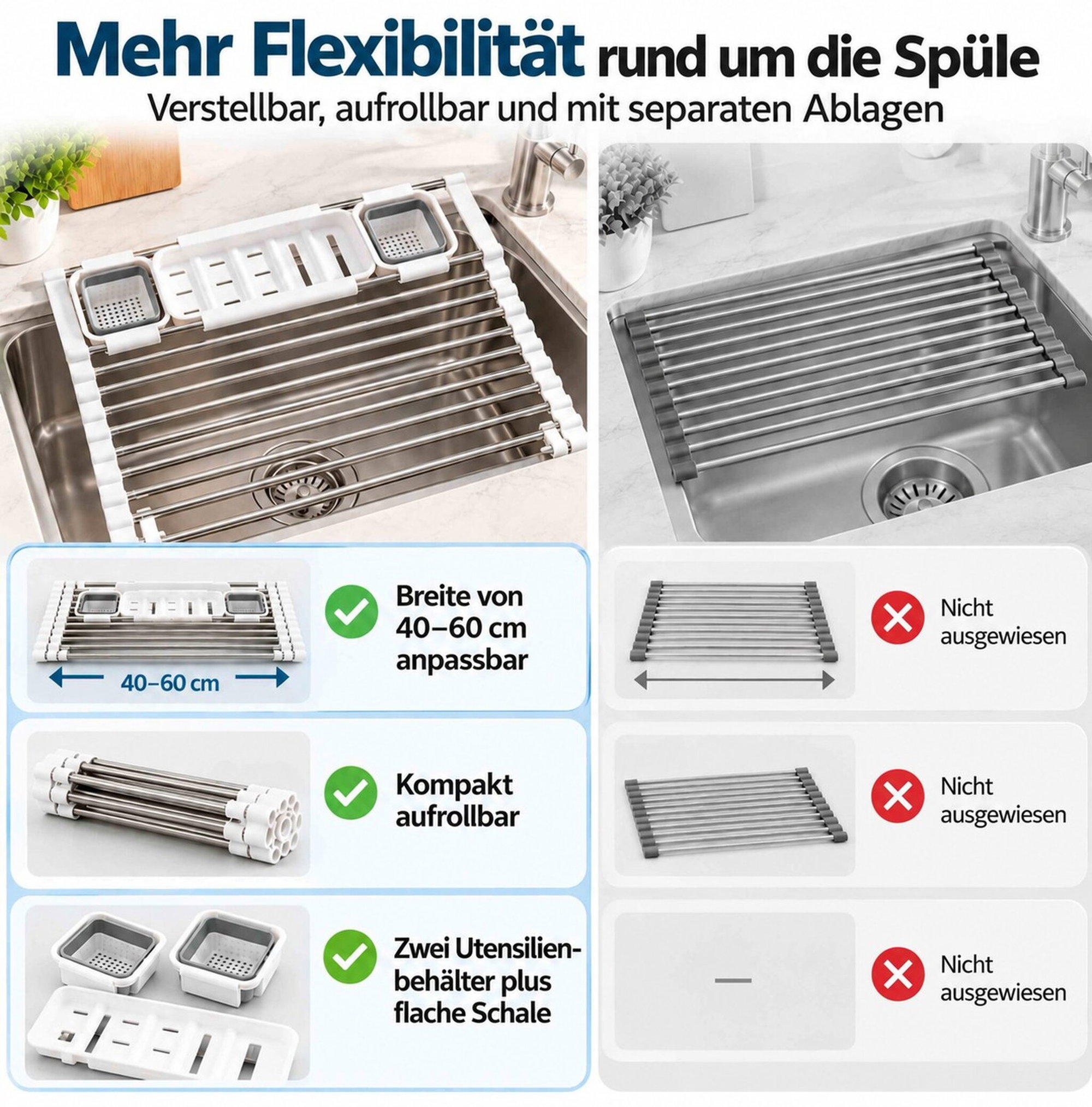 Ausziehbares Edelstahl-Abtropfgestell für Spülbecken Ausziehbares Edelstahl-Abtropfgestell über dem Spülbecken mit zwei Behältern und flacher Ablage