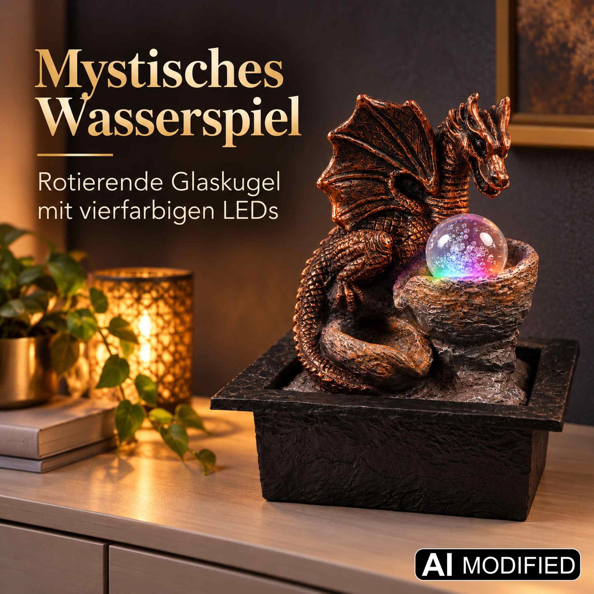 Drachen-Zimmerbrunnen mit rotierender Glaskugel und LED-Beleuchtung Zimmerbrunnen mit bronzefarbener Drachenfigur, rotierender Glaskugel mit bunten LED-Lichtern auf dunklem Sockel, daneben Pflanze und Leuchte.