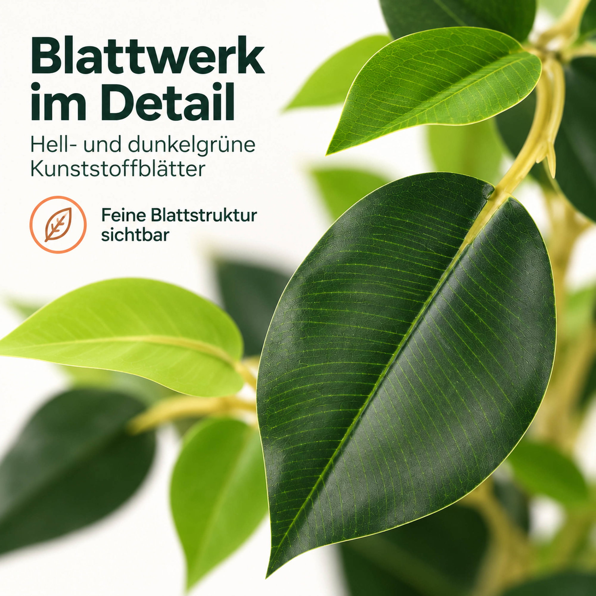 Nahaufnahme der Kunstpflanze Ficus Benjamini mit hell- und dunkelgrünen Kunststoffblättern und sichtbarer Blattstruktur
