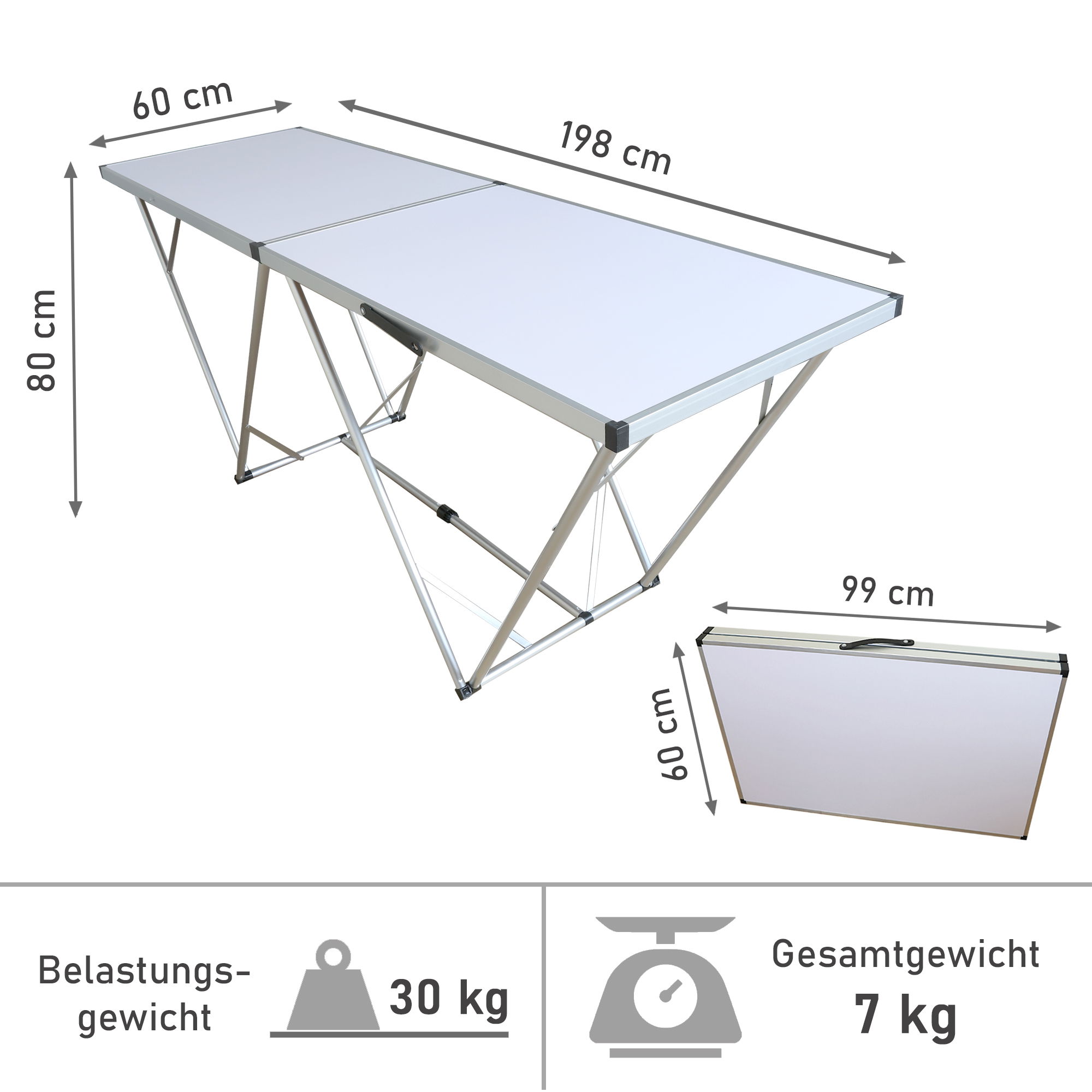 Tapeziertisch klappbar, Flohmarkttisch 198 x 60 cm (LxB), Mehrzwecktisch aus Aluminium und MDF WT004