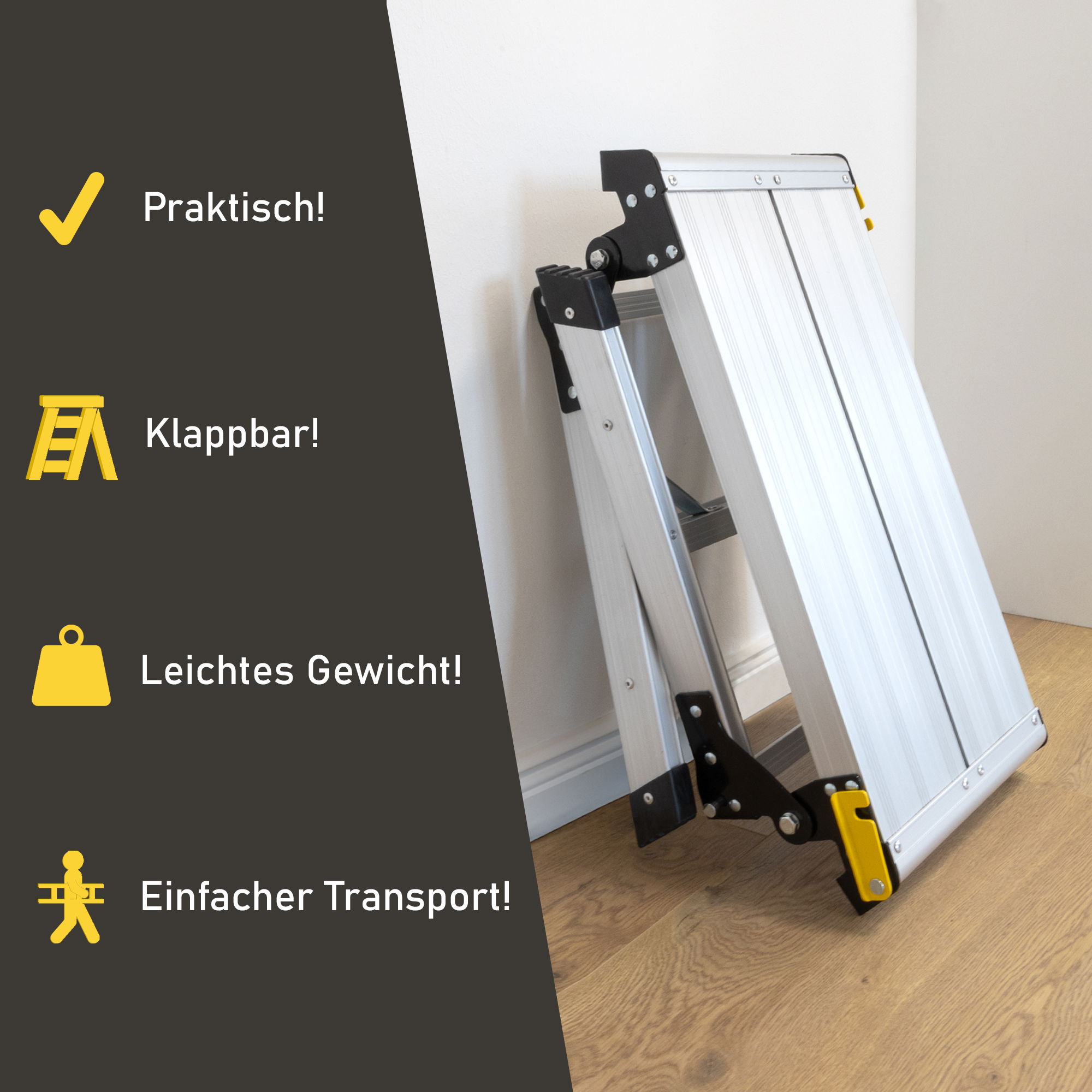 Kompakte Arbeitsplattform bis 150 kg belastbar, Arbeitsbühne 50 cm hoch, Aluleiter mit 2 Stufen NA205