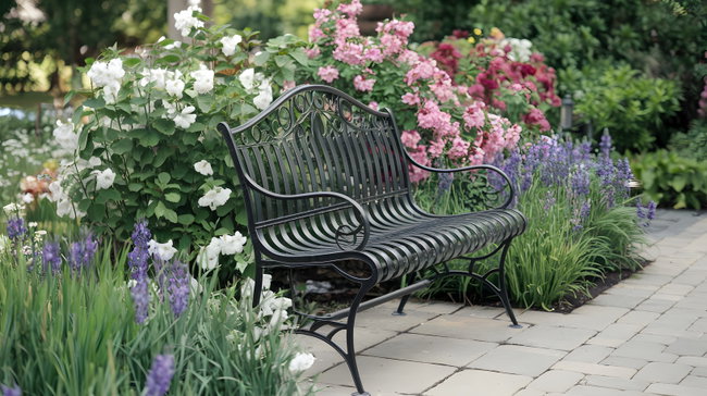 gartenbank aus metall zwischen blumen im garten