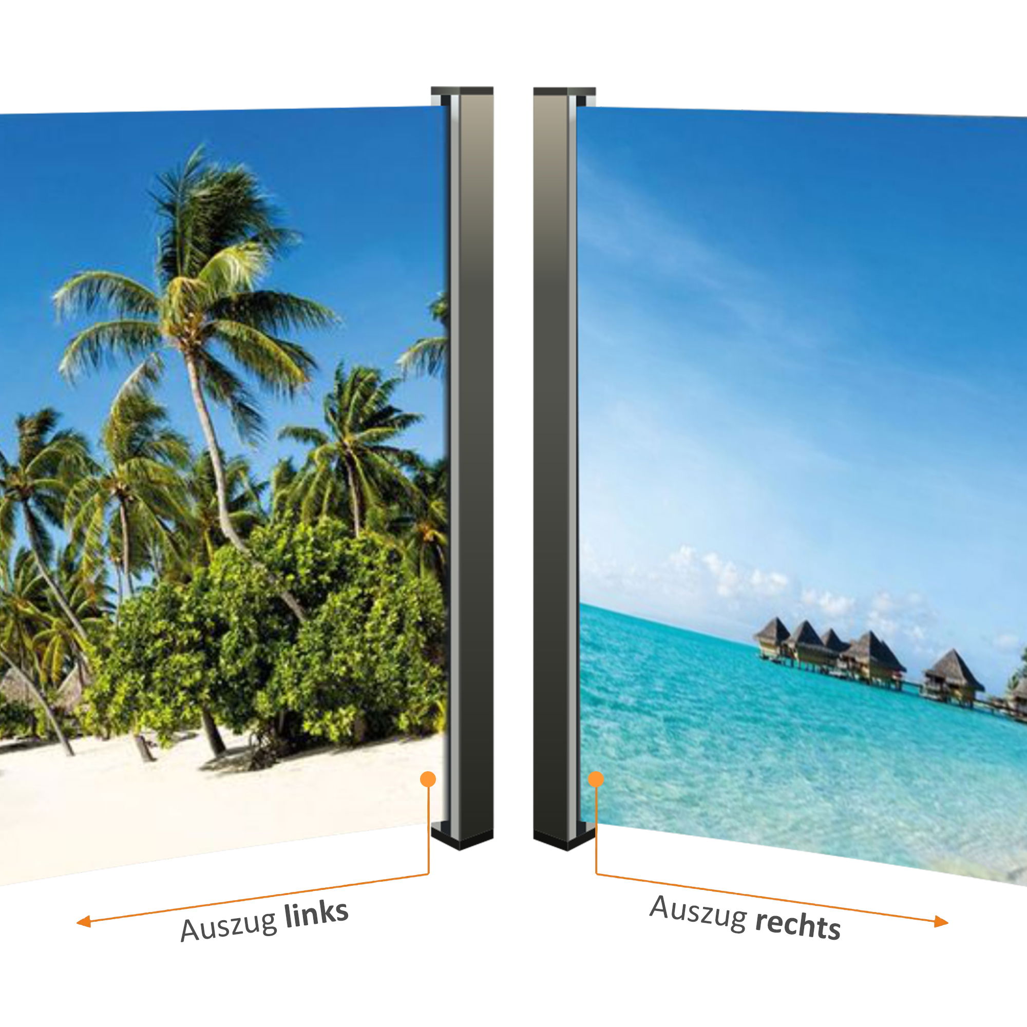 Seitenmarkise ausziehbar links, 180 cm hoch, Seitenrollo mit Fotodruck Südsee NA099-R