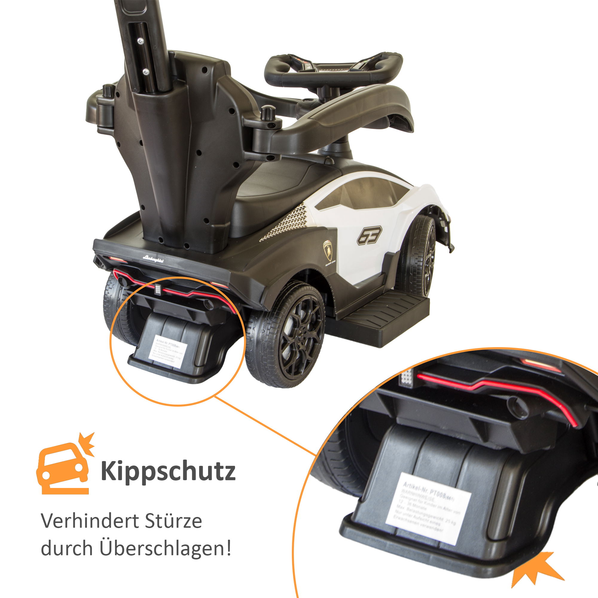 Rutschauto in weiß, Kinderfahrzeug mit Sicherheitsbügel, Rutscher Auto mit Schiebestange ab 1 Jahr PT008_W Rutschauto in weiß, Kinderfahrzeug mit Sicherheitsbügel, Rutscher Auto mit Schiebestange ab 1 Jahr PT008_W