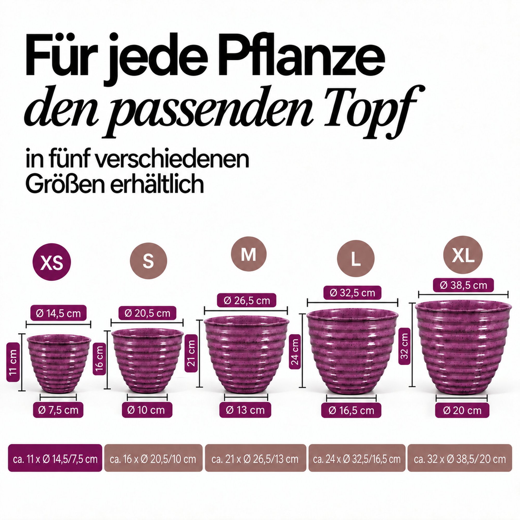 Infografik: lila gerippter Pflanztopf in fünf Größen XS bis XL mit Maßangaben